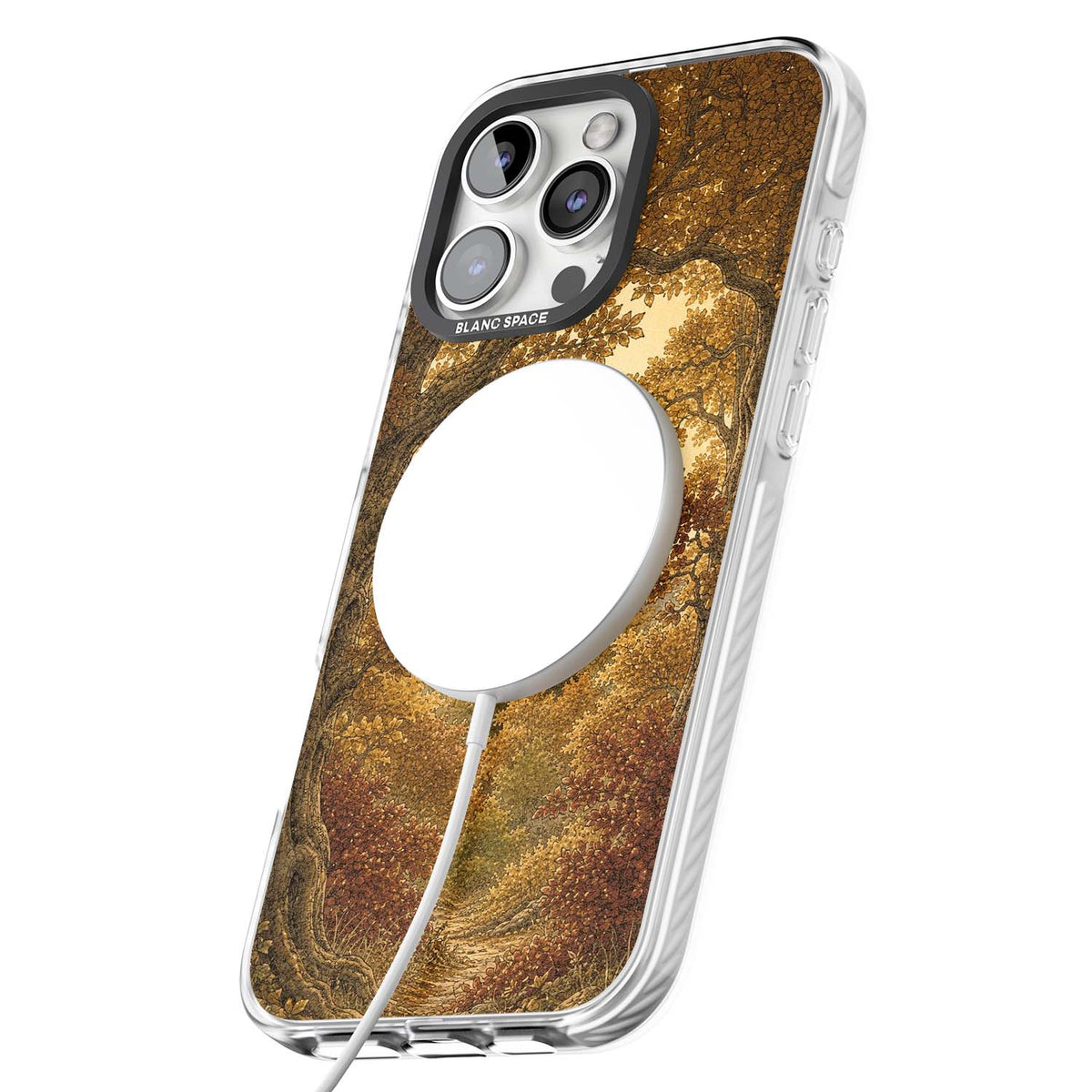 Autumn Keep cottagecore iPhone case featuring a medieval castle tower framed by golden autumn trees and woodland foliage | Impact Magsafe case for iPhone 16 Pro, iPhone 16 Pro Max