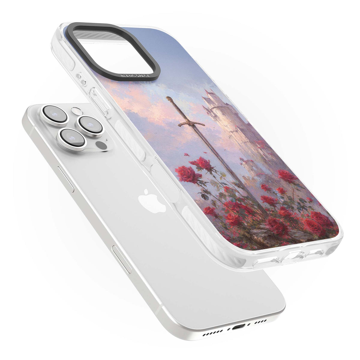 Sword in Roses medieval art iPhone case featuring a sword, red roses, and a misty fairytale castle at sunset | Impact Magsafe case for iPhone 16 Pro, iPhone 16 Pro Max