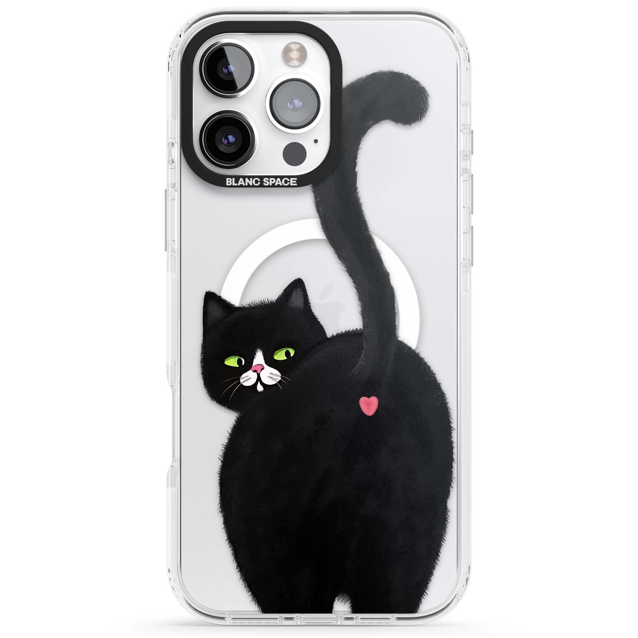 The Cat's Kiss cute cat iPhone case featuring a hand-painted tuxedo kitty with green eyes and a pink heart on a clear  | Impact Magsafe case for iPhone 16 Pro, iPhone 16 Pro Max