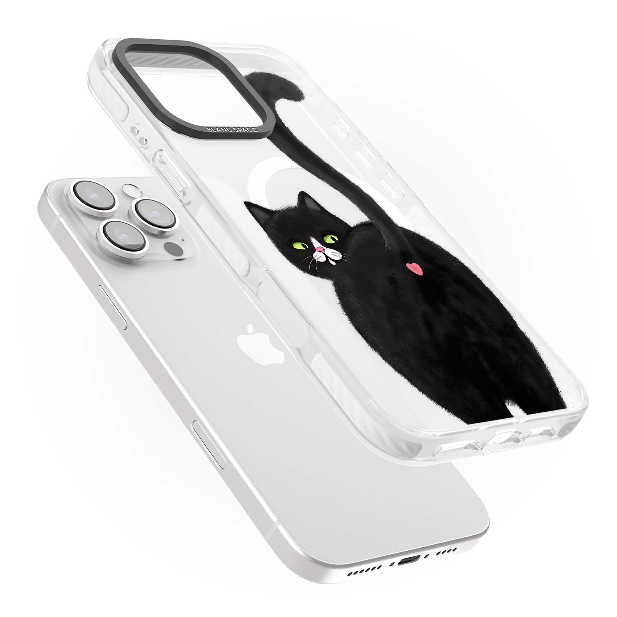 The Cat's Kiss cute cat iPhone case featuring a hand-painted tuxedo kitty with green eyes and a pink heart on a clear  | Impact Magsafe case for iPhone 16 Pro, iPhone 16 Pro Max