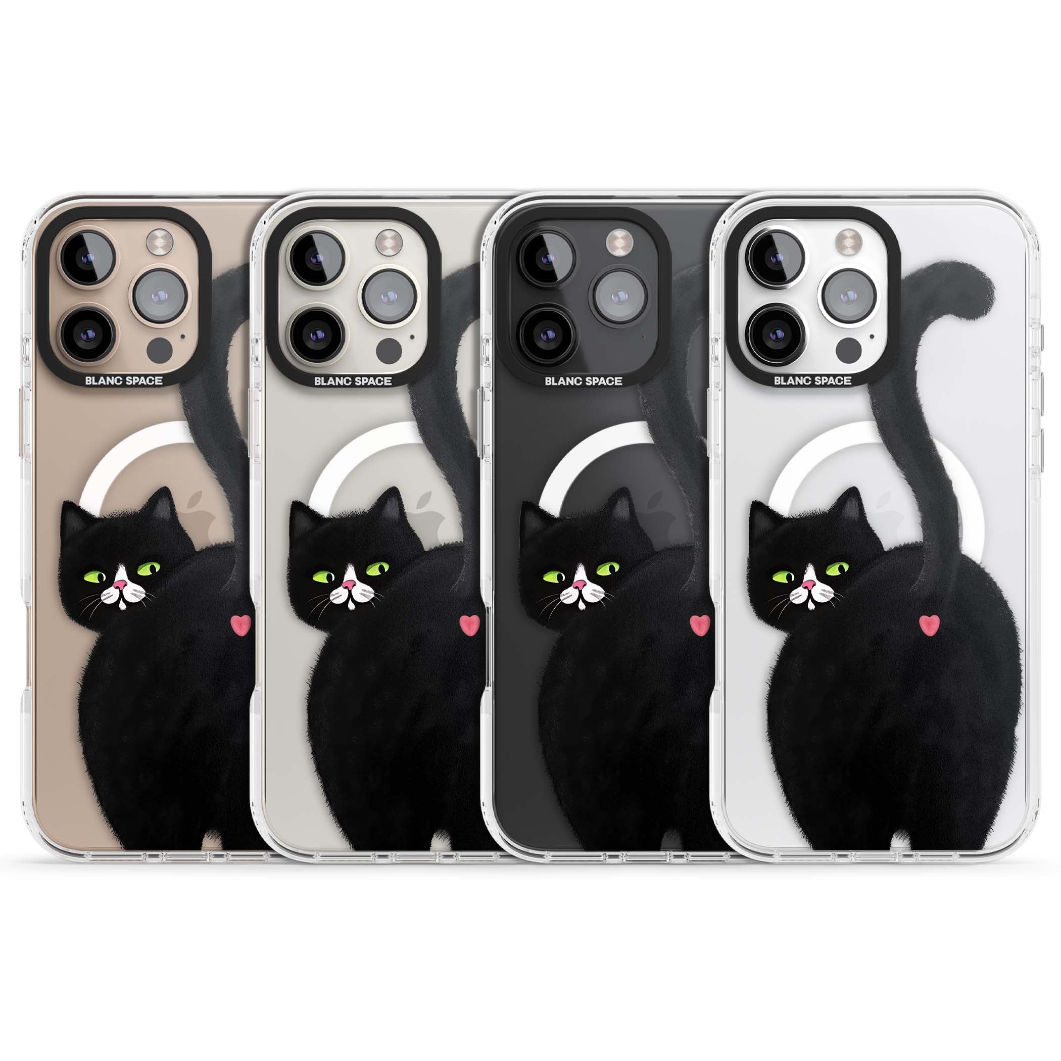 The Cat's Kiss cute cat iPhone case featuring a hand-painted tuxedo kitty with green eyes and a pink heart on a clear  | Impact Magsafe case for iPhone 16 Pro, iPhone 16 Pro Max