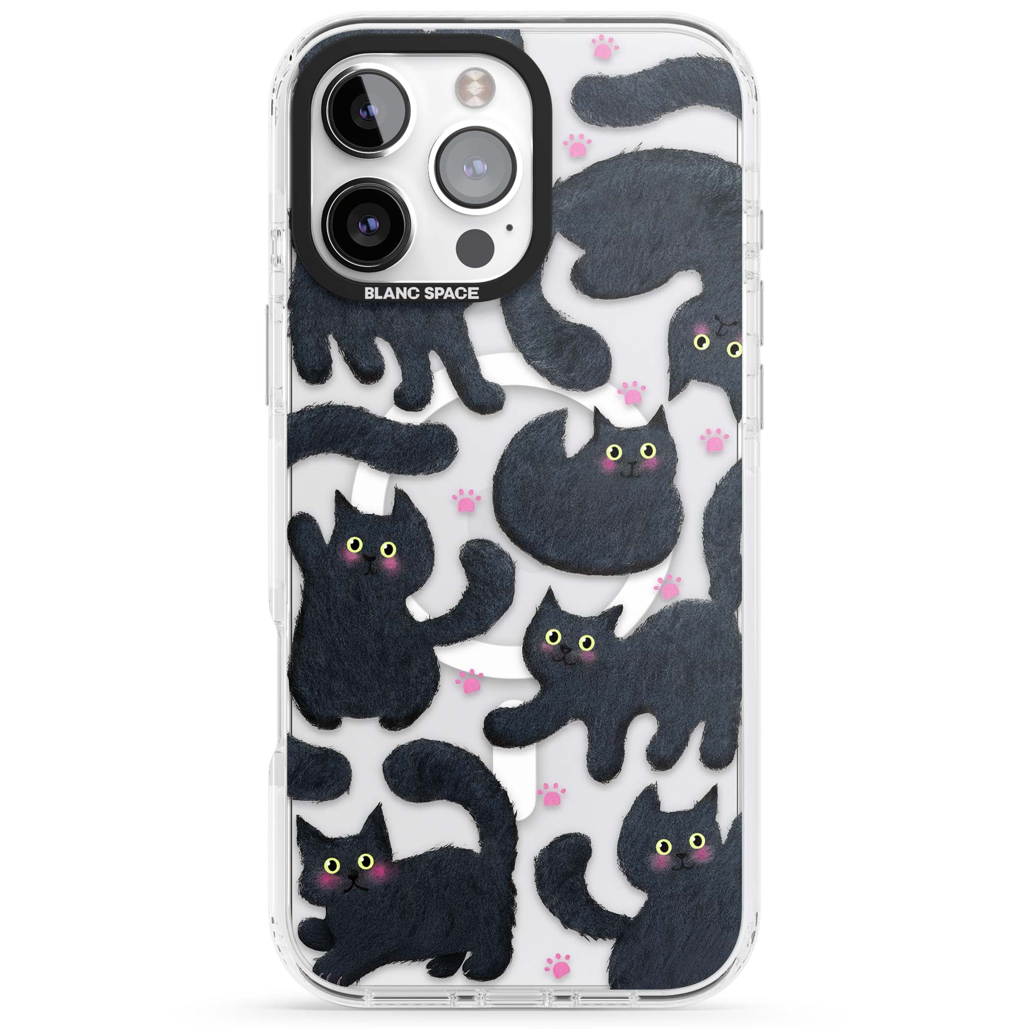 Midnight Cats cute iPhone case featuring black cat pattern with yellow eyes and pink paw prints | Impact Magsafe case for iPhone 16 Pro, iPhone 16 Pro Max