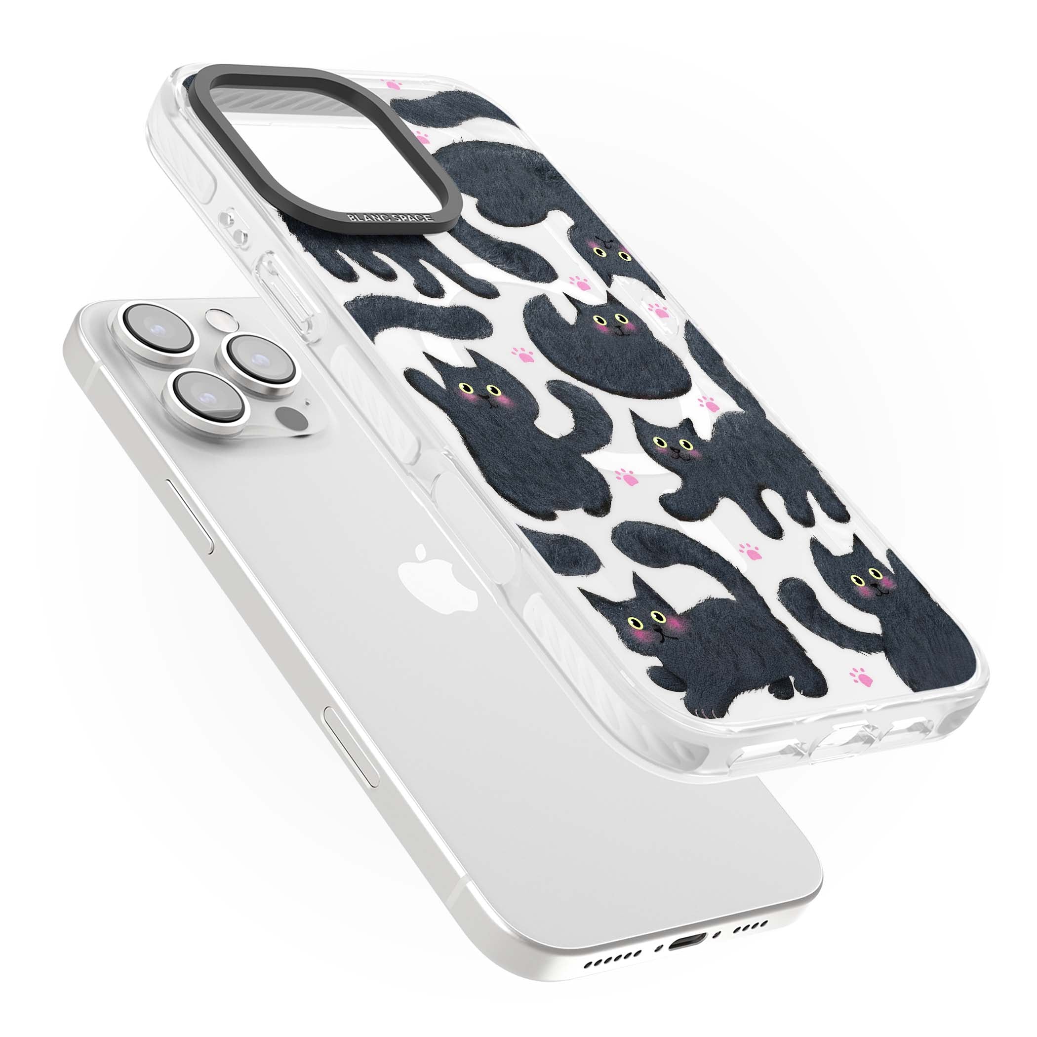 Midnight Cats cute iPhone case featuring black cat pattern with yellow eyes and pink paw prints | Impact Magsafe case for iPhone 16 Pro, iPhone 16 Pro Max