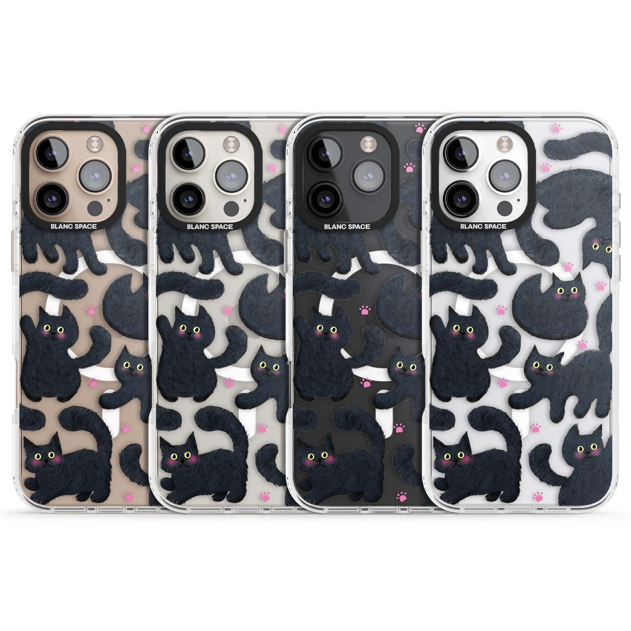 Midnight Cats cute iPhone case featuring black cat pattern with yellow eyes and pink paw prints | Impact Magsafe case for iPhone 16 Pro, iPhone 16 Pro Max