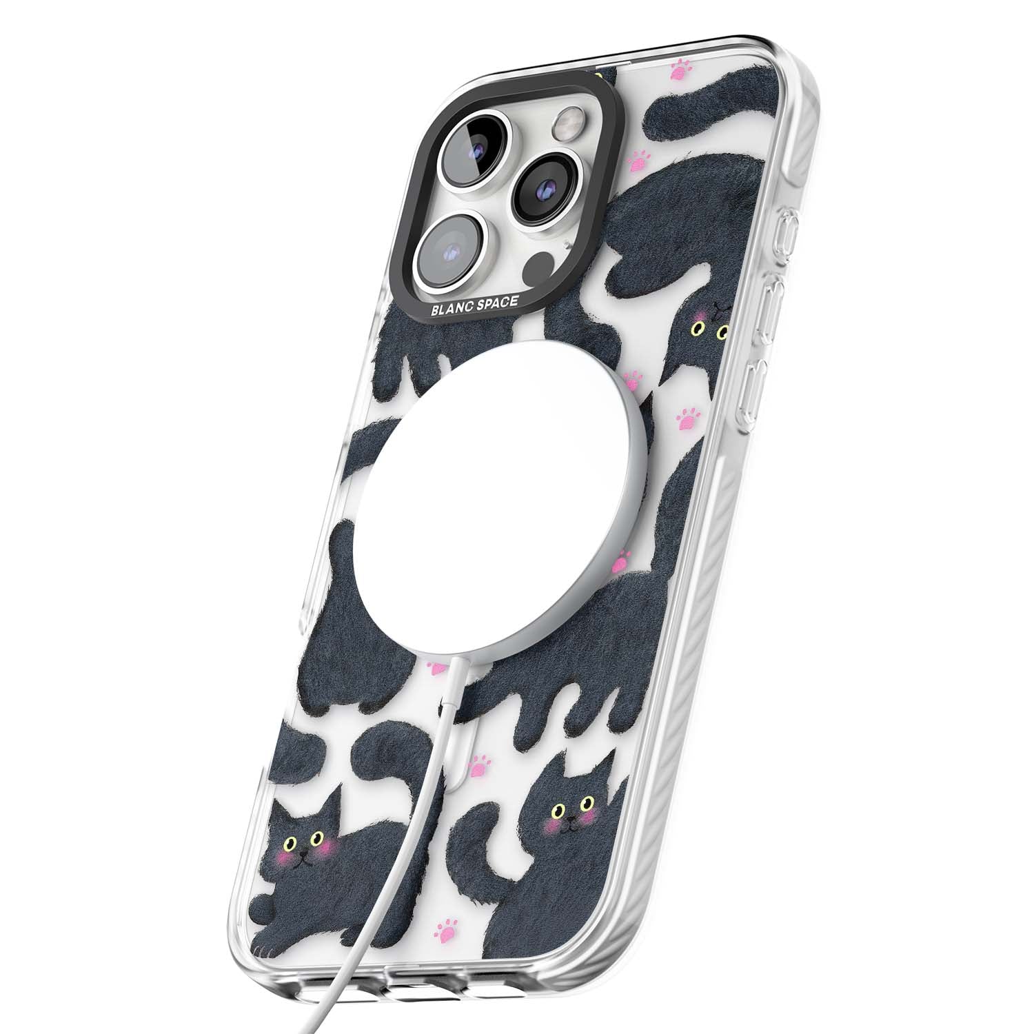 Midnight Cats cute iPhone case featuring black cat pattern with yellow eyes and pink paw prints | Impact Magsafe case for iPhone 16 Pro, iPhone 16 Pro Max