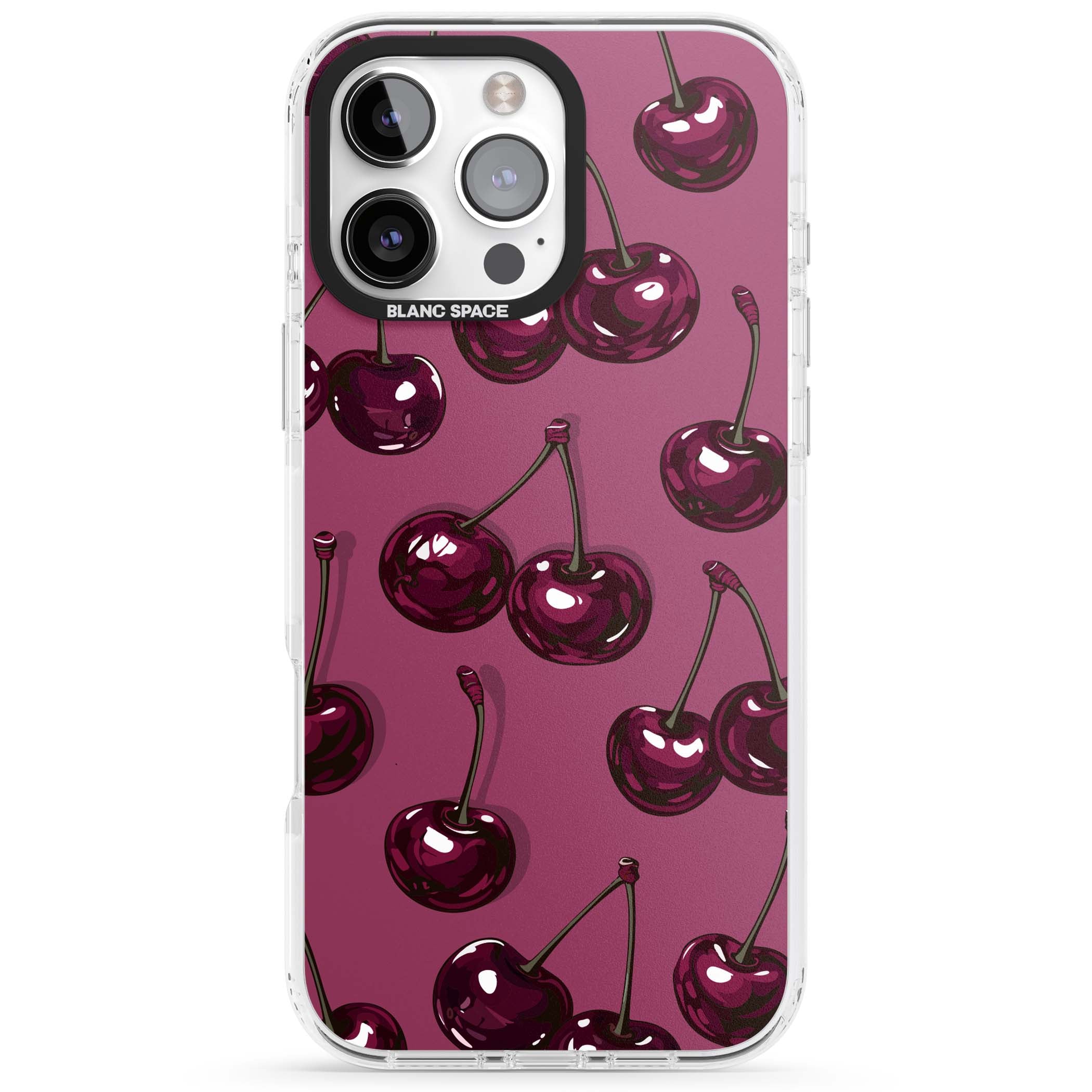 Cherry Soda coquette iPhone case featuring glossy burgundy cherries on a dusty pink background | Impact Magsafe case for iPhone 16 Pro, iPhone 16 Pro Max