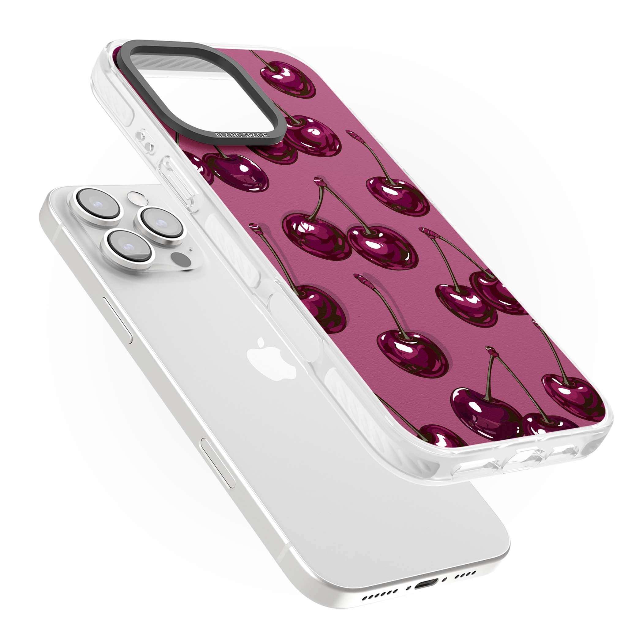 Cherry Soda coquette iPhone case featuring glossy burgundy cherries on a dusty pink background | Impact Magsafe case for iPhone 16 Pro, iPhone 16 Pro Max