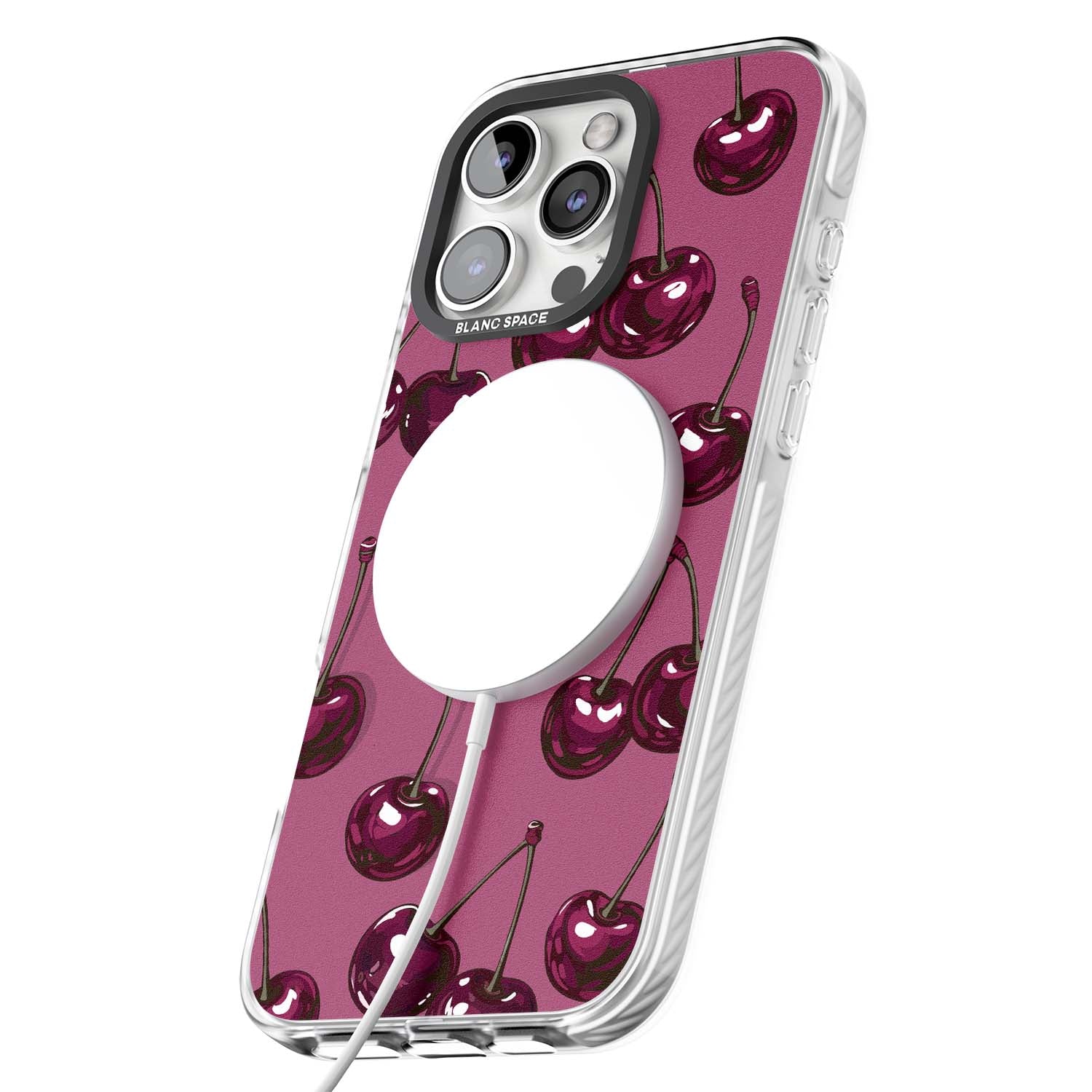 Cherry Soda coquette iPhone case featuring glossy burgundy cherries on a dusty pink background | Impact Magsafe case for iPhone 16 Pro, iPhone 16 Pro Max