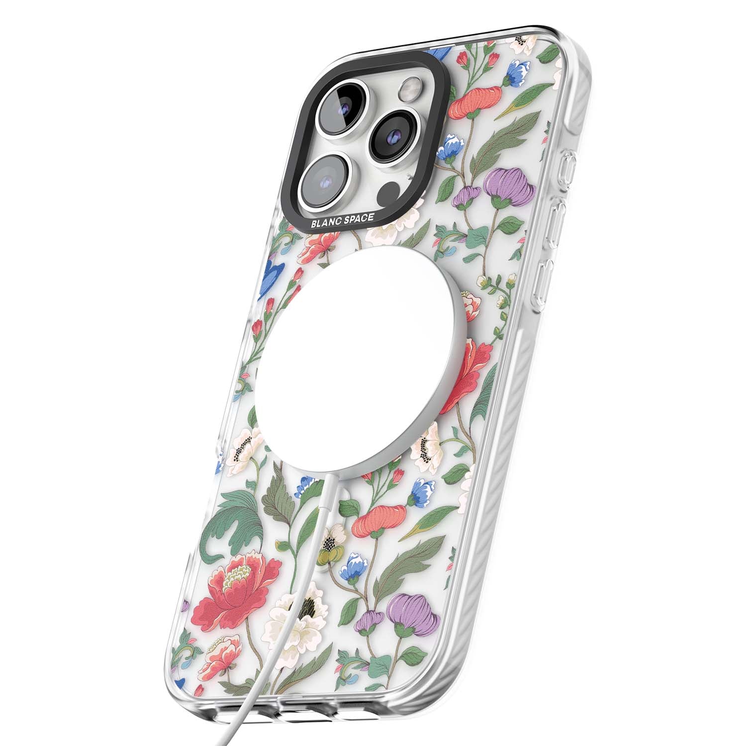 Chinoiserie Bloom vintage floral iPhone case featuring hand-painted peonies, poppies and trailing wildflowers on clear... | Impact Magsafe case for iPhone 16 Pro, iPhone 16 Pro Max