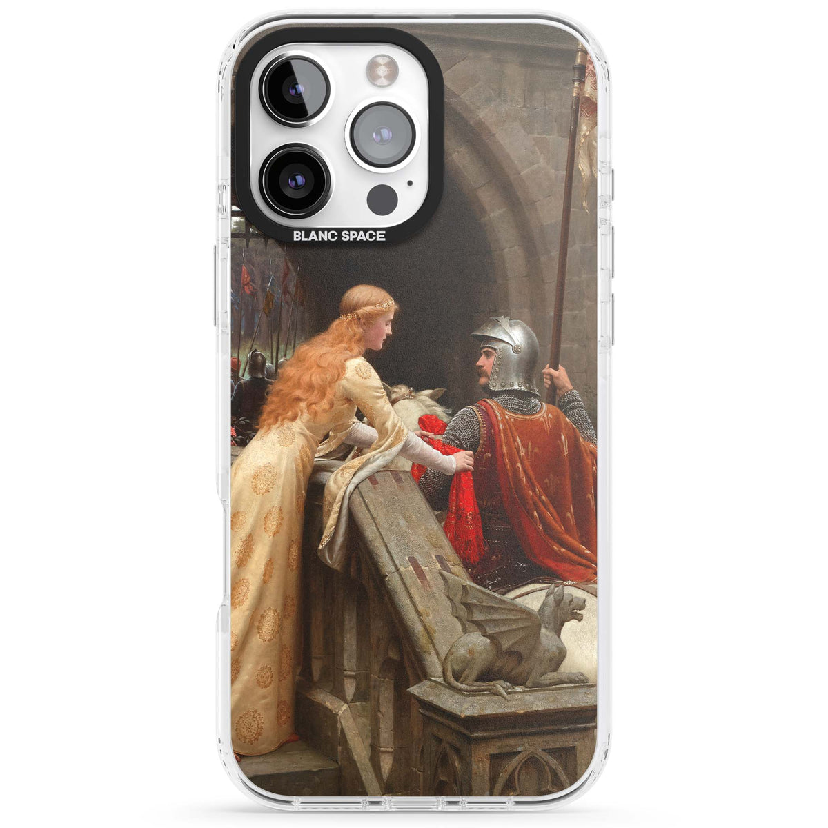 God Speed fine art iPhone case featuring Edmund Blair Leighton's medieval knight and lady beneath a stone archway | Impact Magsafe case for iPhone 16 Pro, iPhone 16 Pro Max