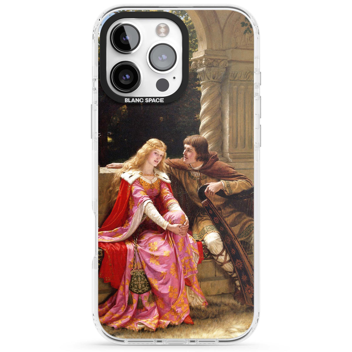 The End of the Song classic art iPhone case featuring a medieval lady in pink gown and her knight in a stone archway | Impact Magsafe case for iPhone 16 Pro, iPhone 16 Pro Max