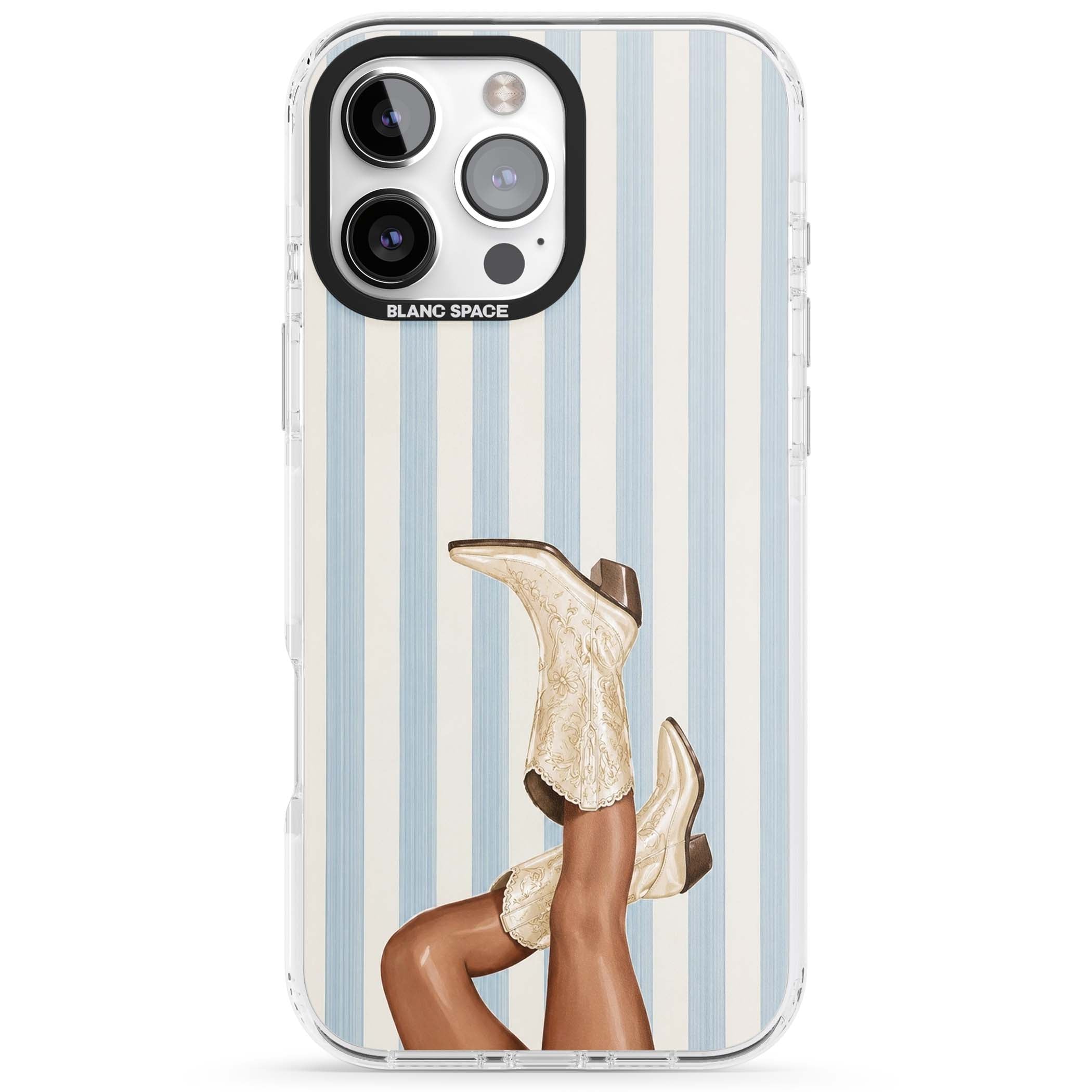 Cowgirl Boots coastal cowgirl iPhone case featuring embroidered western boots, tanned legs and a blue stripe backdrop | Impact Magsafe case for iPhone 16 Pro, iPhone 16 Pro Max