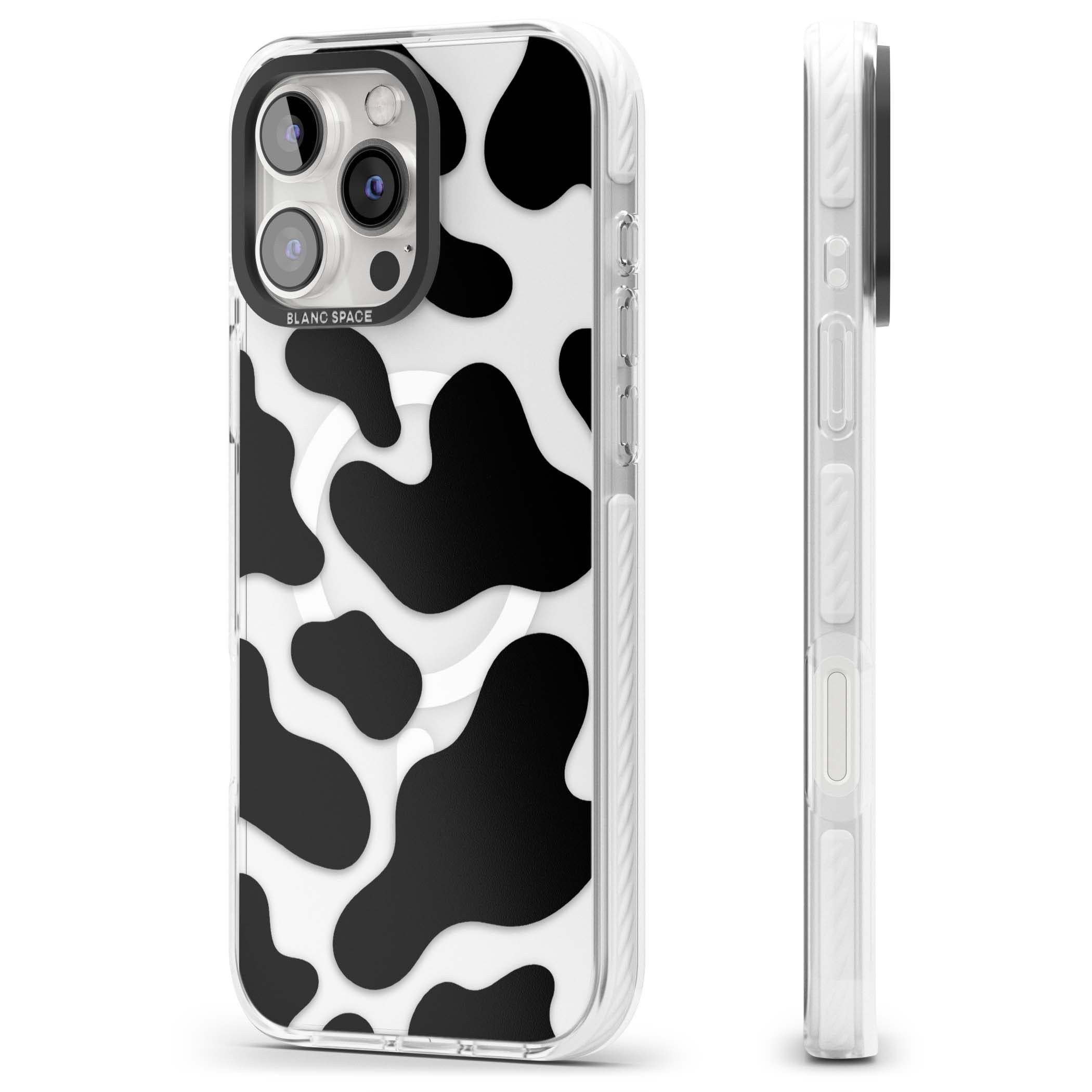 Clear Cow Print cow print iPhone case featuring black and white cow pattern splotches on a clear background | Impact Magsafe case for iPhone 16 Pro, iPhone 16 Pro Max