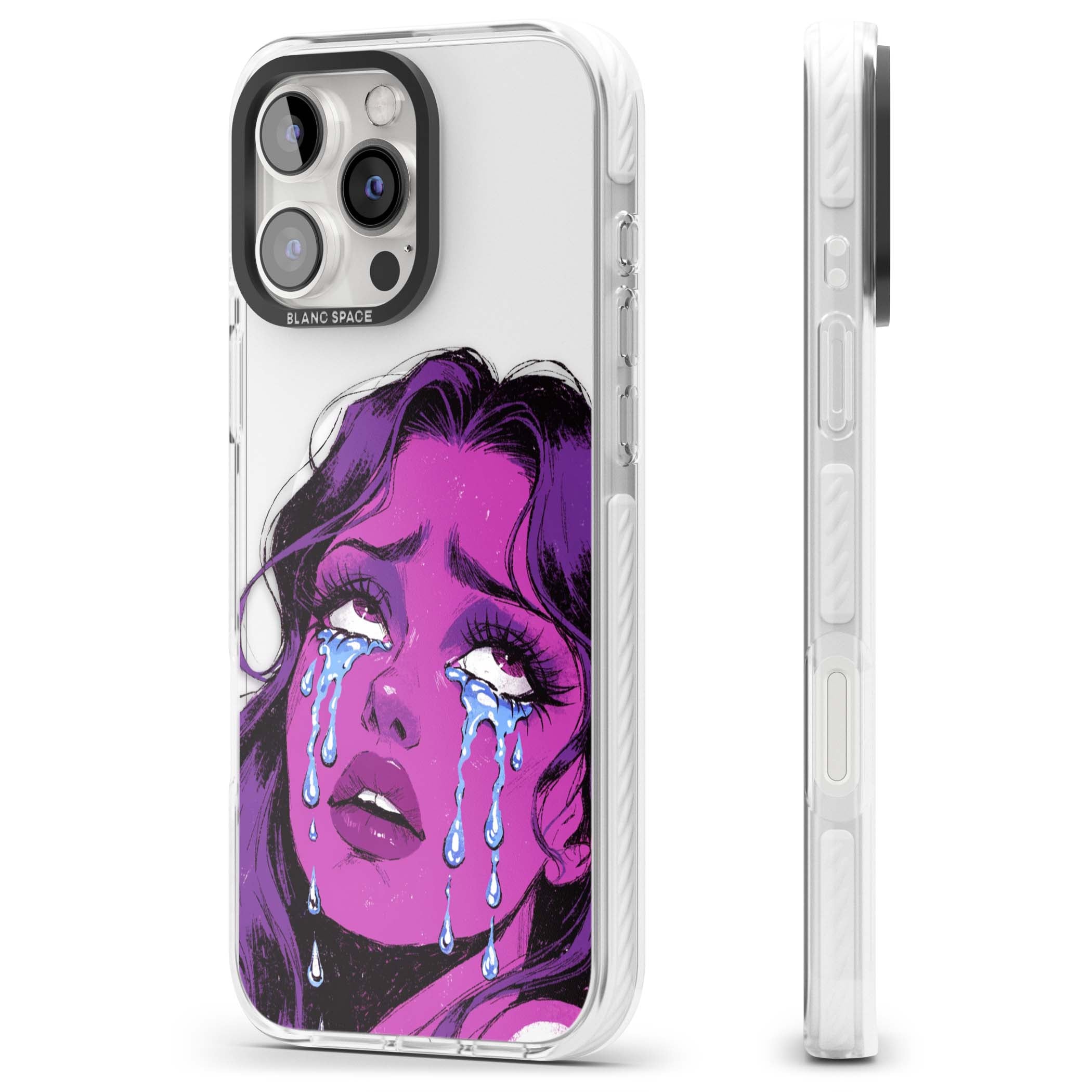 Drama Queen pop art iPhone case featuring a purple crying comic girl with blue tears | Impact Magsafe case for iPhone 16 Pro, iPhone 16 Pro Max