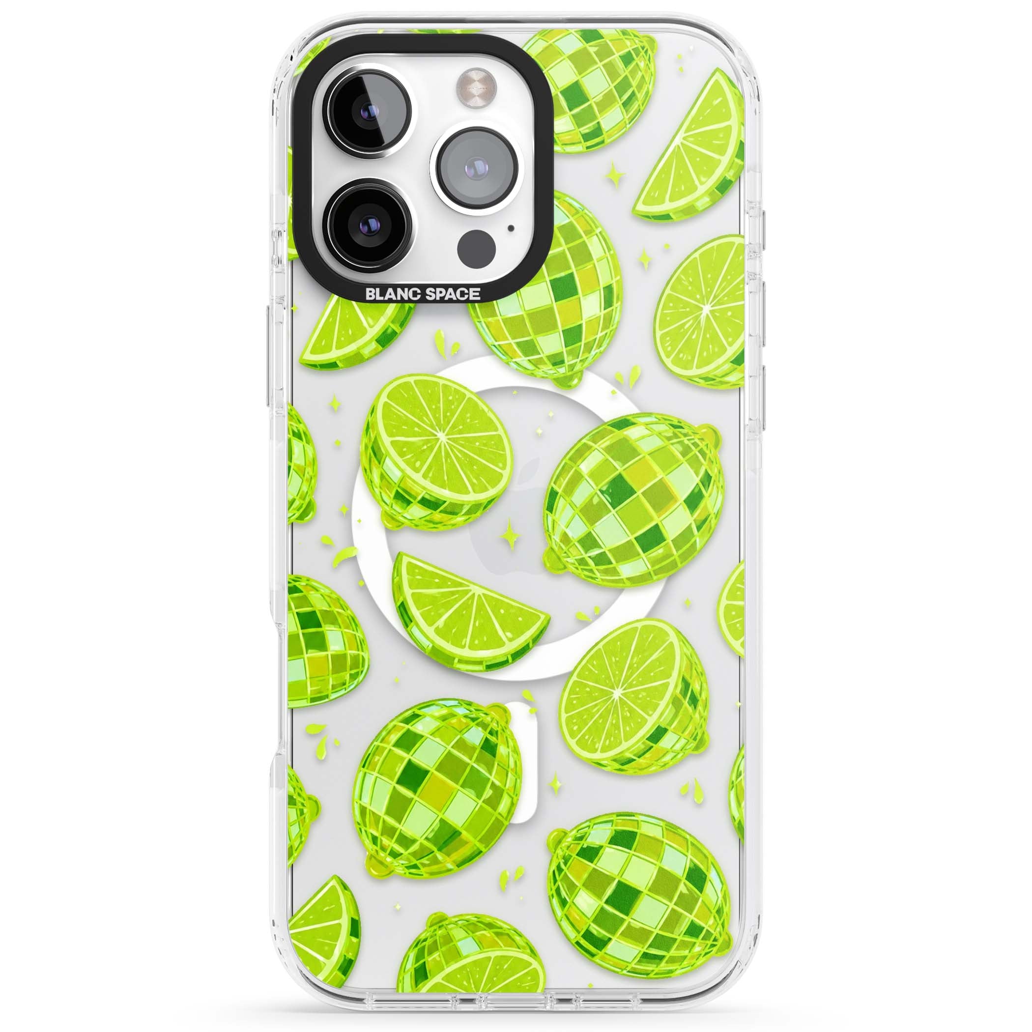 Disco Limes fruit aesthetic iPhone case featuring green disco balls, lime slices and citrus sparkles | Impact Magsafe case for iPhone 16 Pro, iPhone 16 Pro Max