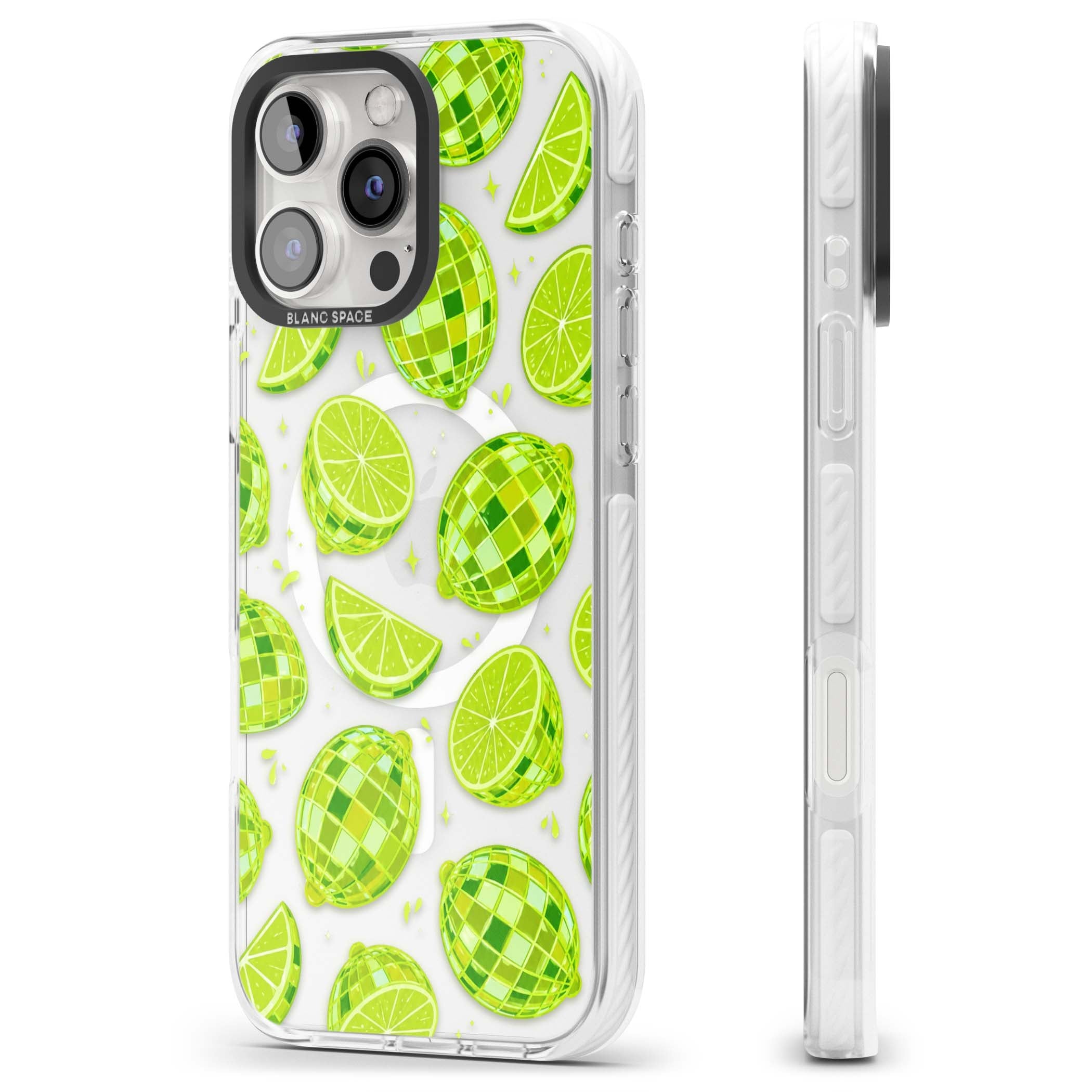 Disco Limes fruit aesthetic iPhone case featuring green disco balls, lime slices and citrus sparkles | Impact Magsafe case for iPhone 16 Pro, iPhone 16 Pro Max