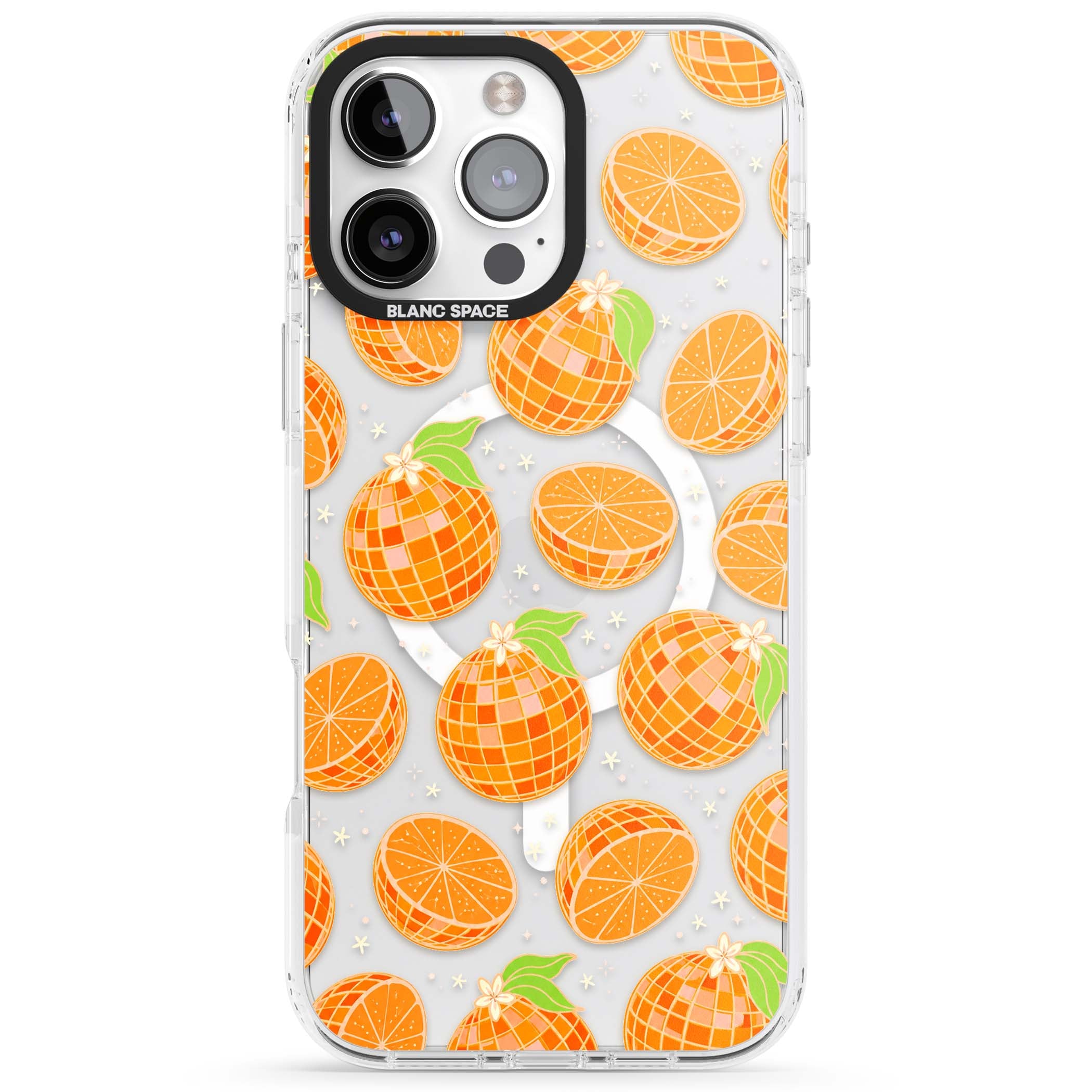 Disco Oranges retro iPhone case featuring mirrorball oranges, citrus slices and tiny blossoms on clear | Impact Magsafe case for iPhone 16 Pro, iPhone 16 Pro Max