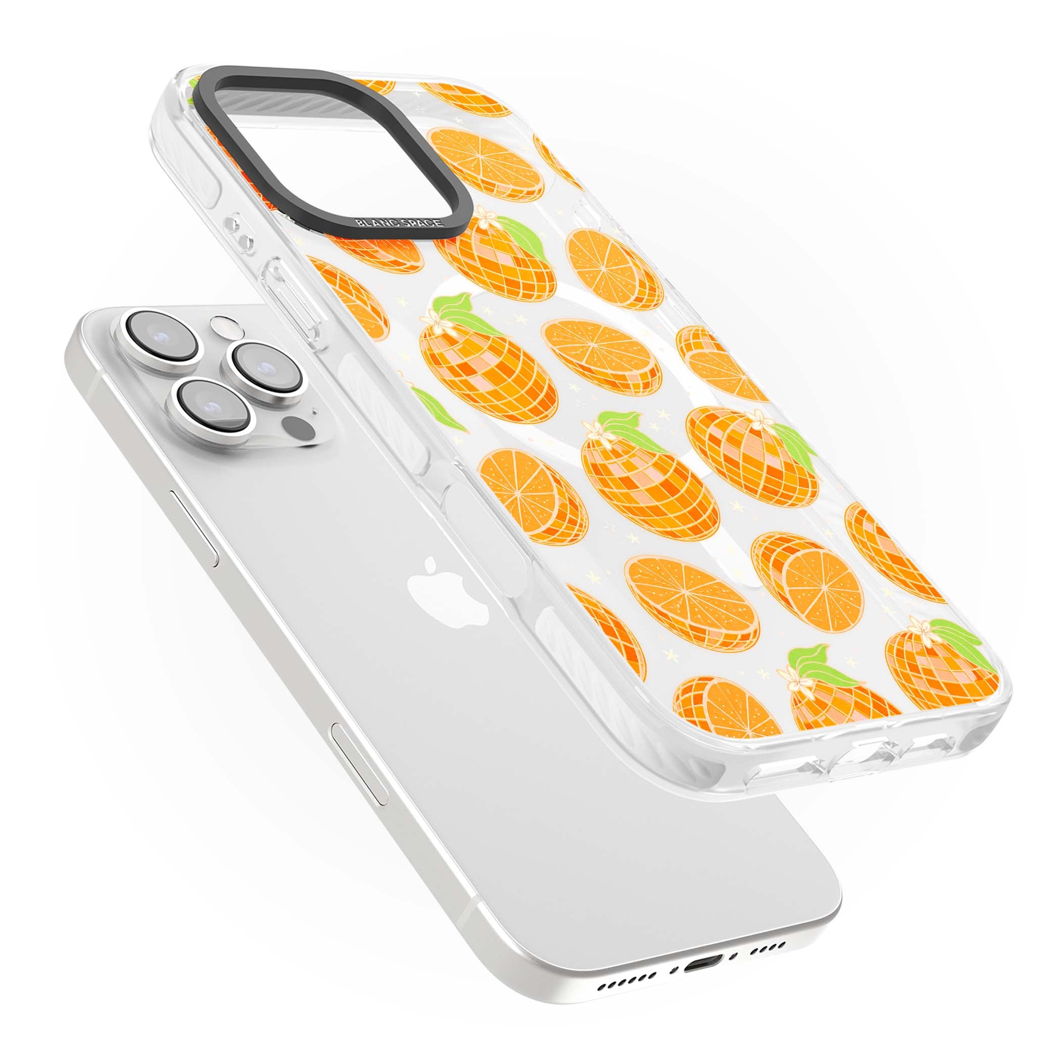 Disco Oranges retro iPhone case featuring mirrorball oranges, citrus slices and tiny blossoms on clear | Impact Magsafe case for iPhone 16 Pro, iPhone 16 Pro Max