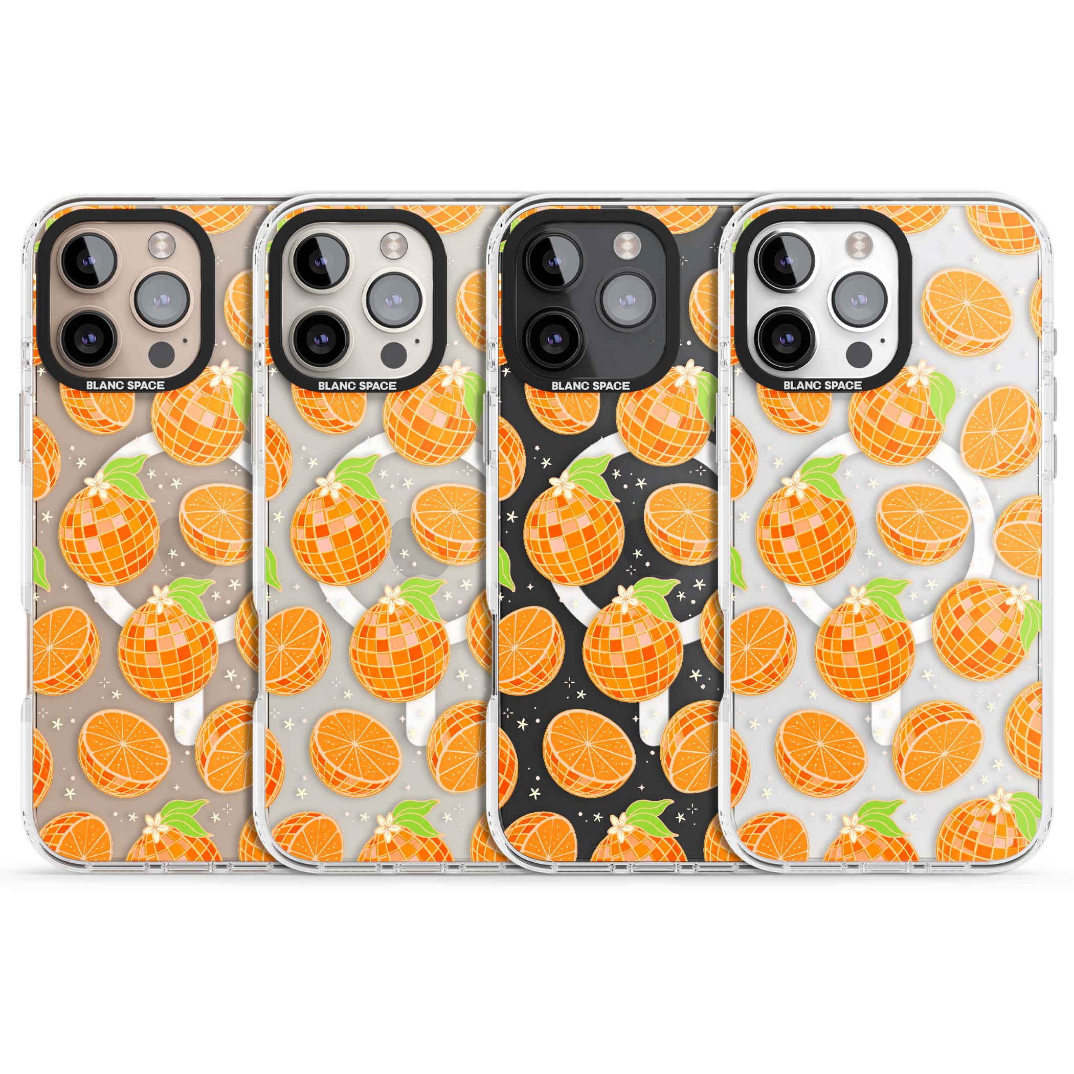 Disco Oranges retro iPhone case featuring mirrorball oranges, citrus slices and tiny blossoms on clear | Impact Magsafe case for iPhone 16 Pro, iPhone 16 Pro Max