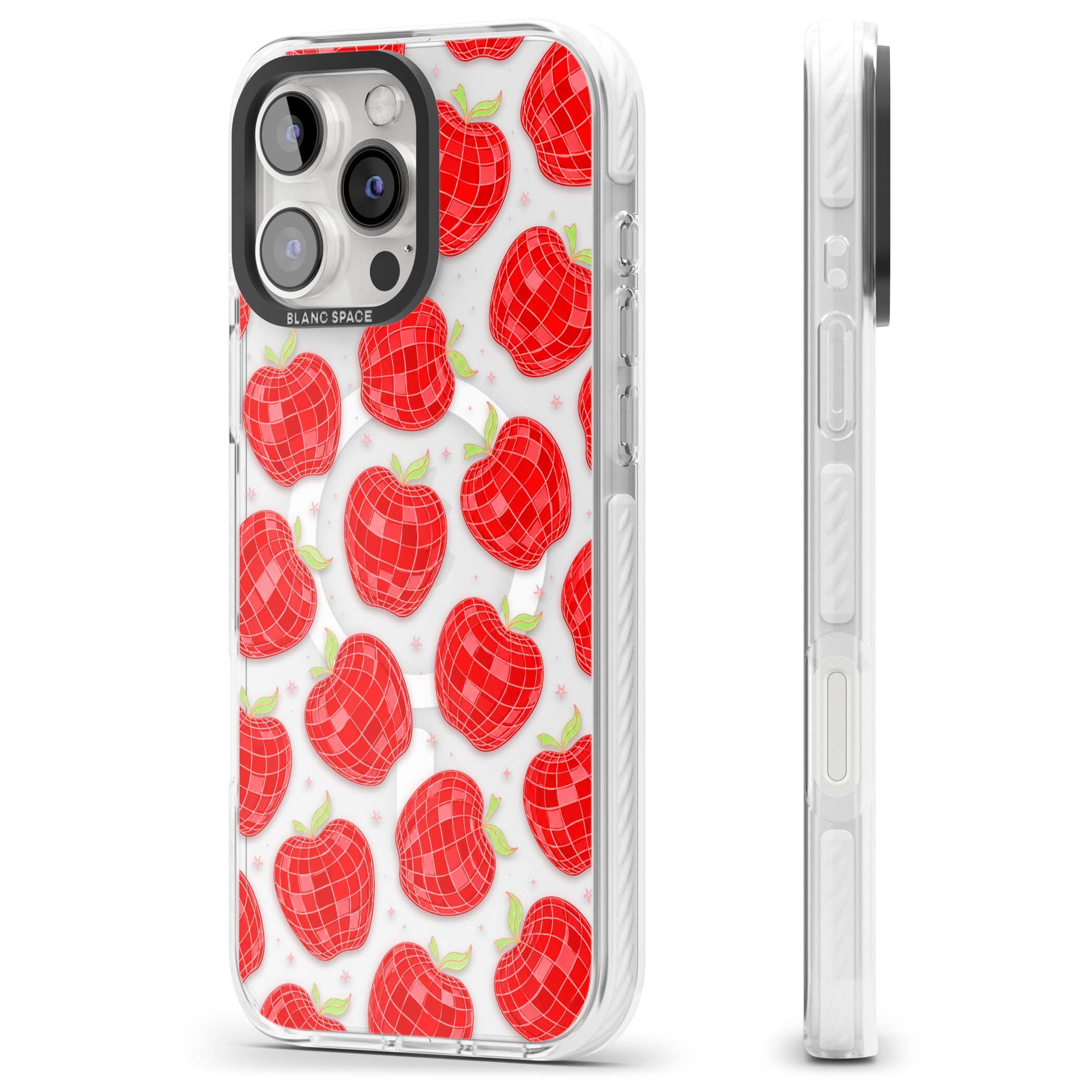Disco Apples Y2K iPhone case featuring red disco ball apples, green leaves and pink sparkles on clear | Impact Magsafe case for iPhone 16 Pro, iPhone 16 Pro Max