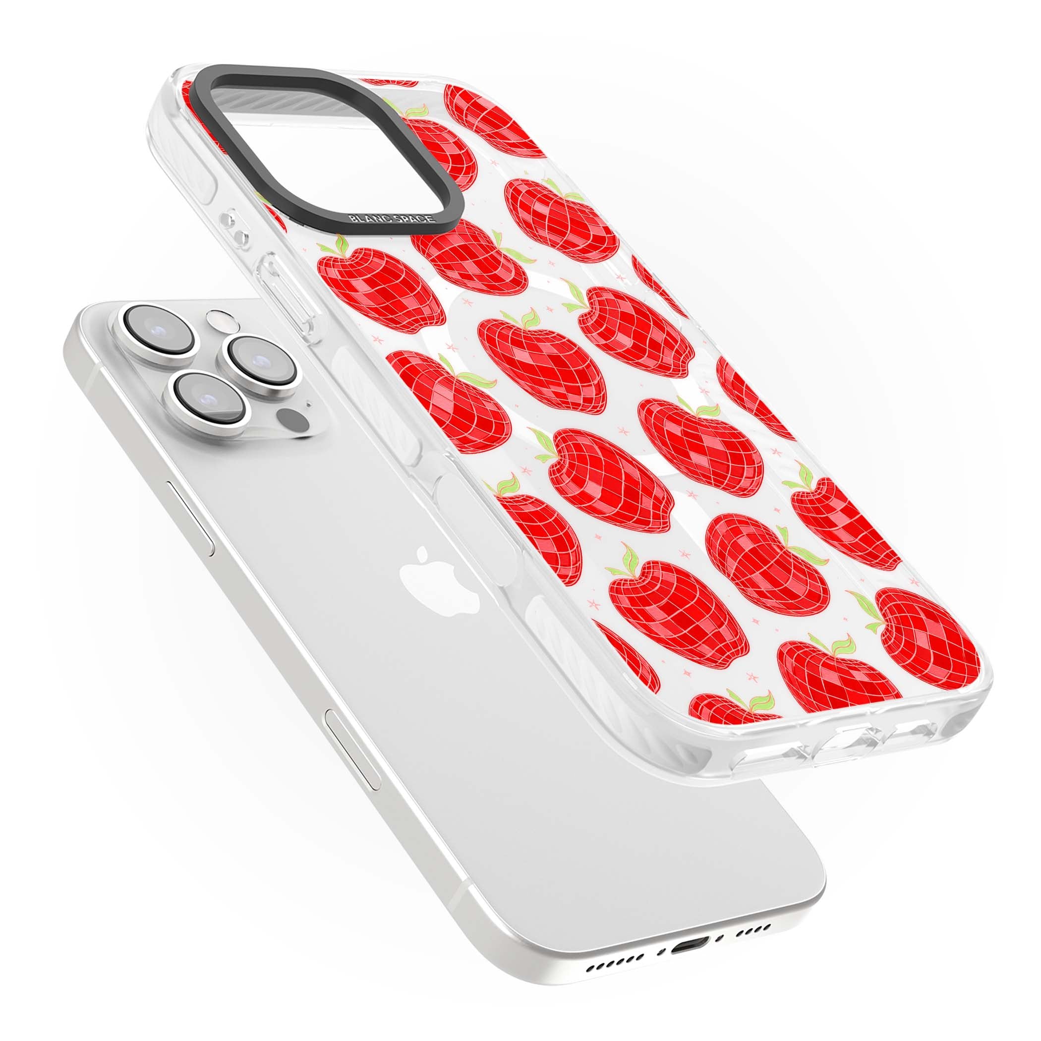 Disco Apples Y2K iPhone case featuring red disco ball apples, green leaves and pink sparkles on clear | Impact Magsafe case for iPhone 16 Pro, iPhone 16 Pro Max
