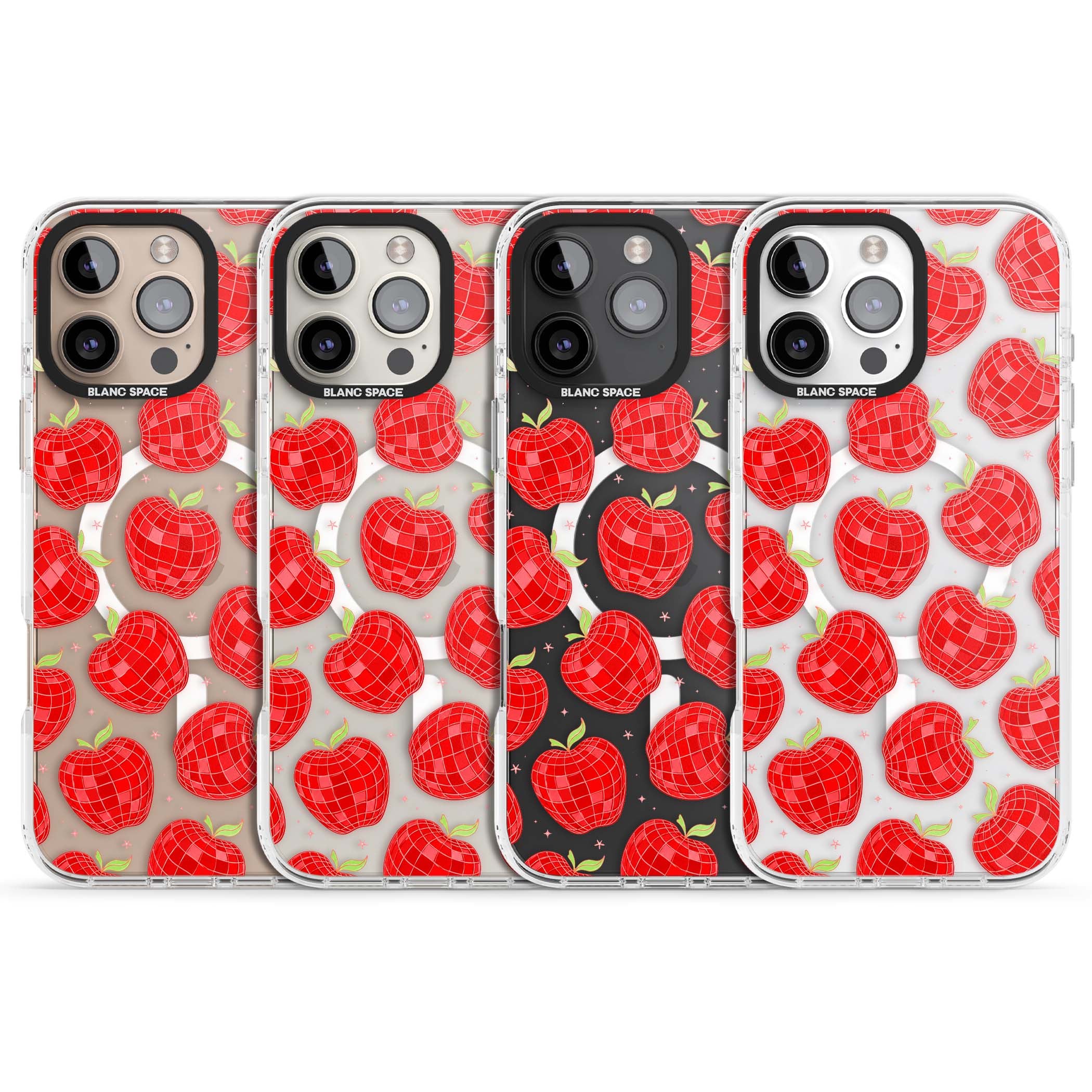 Disco Apples Y2K iPhone case featuring red disco ball apples, green leaves and pink sparkles on clear | Impact Magsafe case for iPhone 16 Pro, iPhone 16 Pro Max