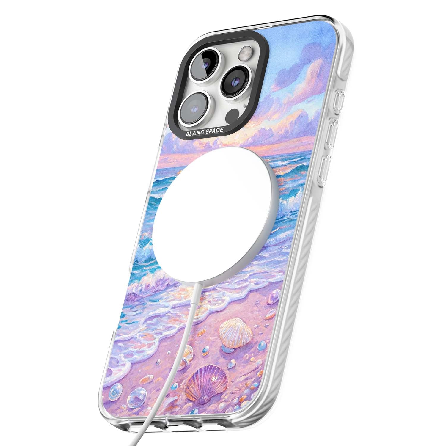 Pearl Shore coastal iPhone case featuring pastel painted waves, seashells, and a sunrise sky over a lavender beach. | Impact Magsafe case for iPhone 16 Pro, iPhone 16 Pro Max