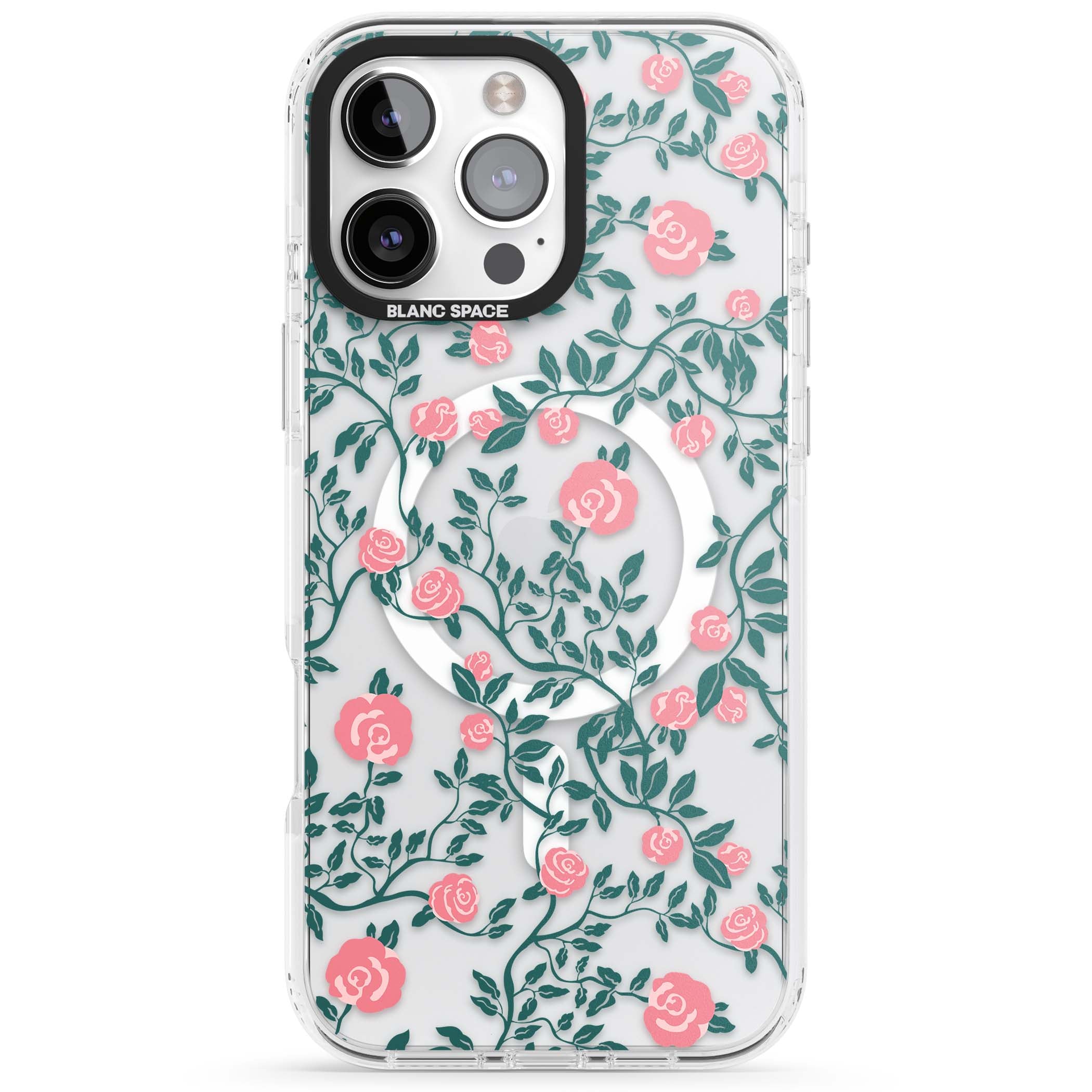 Rose Trellis (Clear) cottagecore iPhone case featuring pink climbing roses and green leaves on clear background | Impact Magsafe case for iPhone 16 Pro, iPhone 16 Pro Max