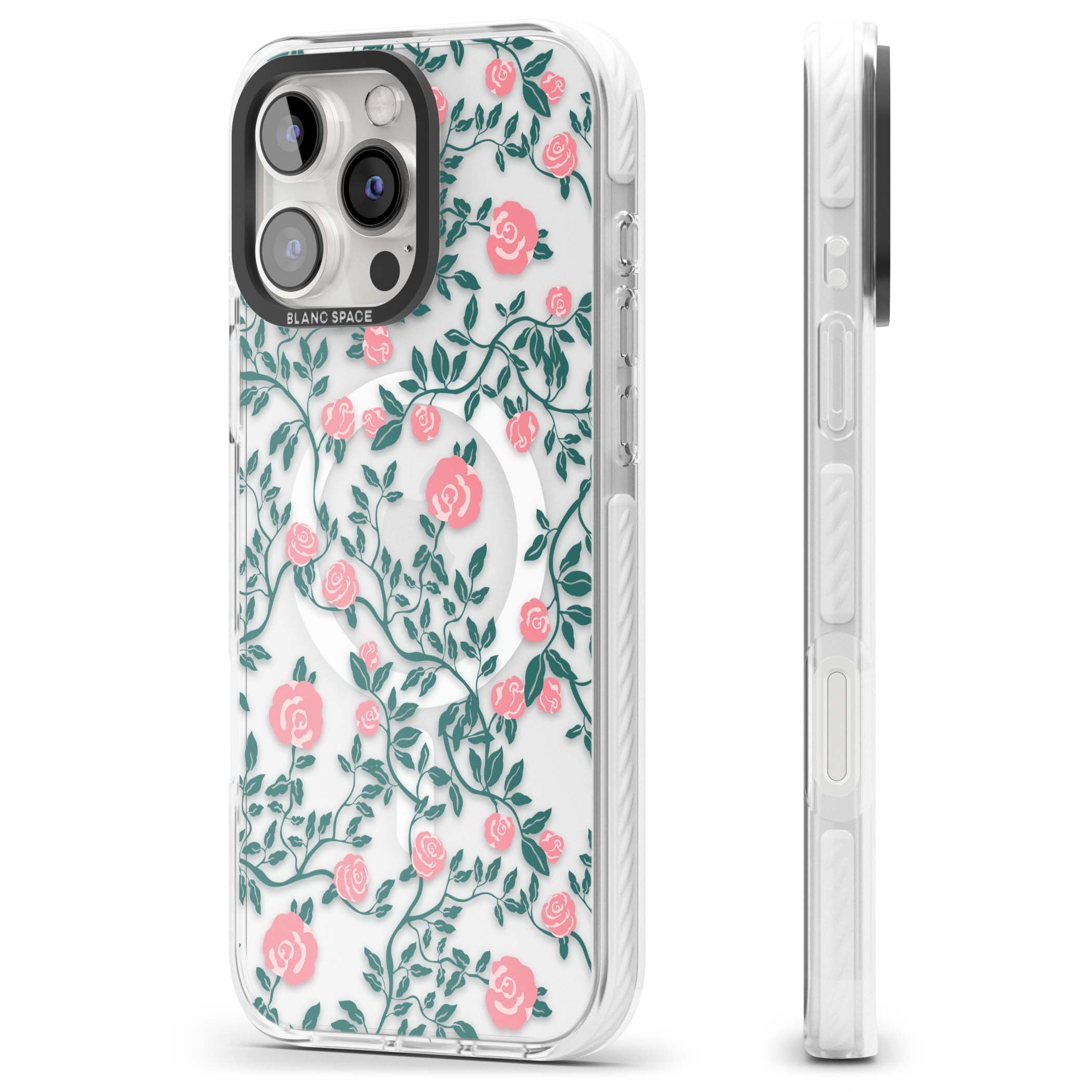 Rose Trellis (Clear) cottagecore iPhone case featuring pink climbing roses and green leaves on clear background | Impact Magsafe case for iPhone 16 Pro, iPhone 16 Pro Max