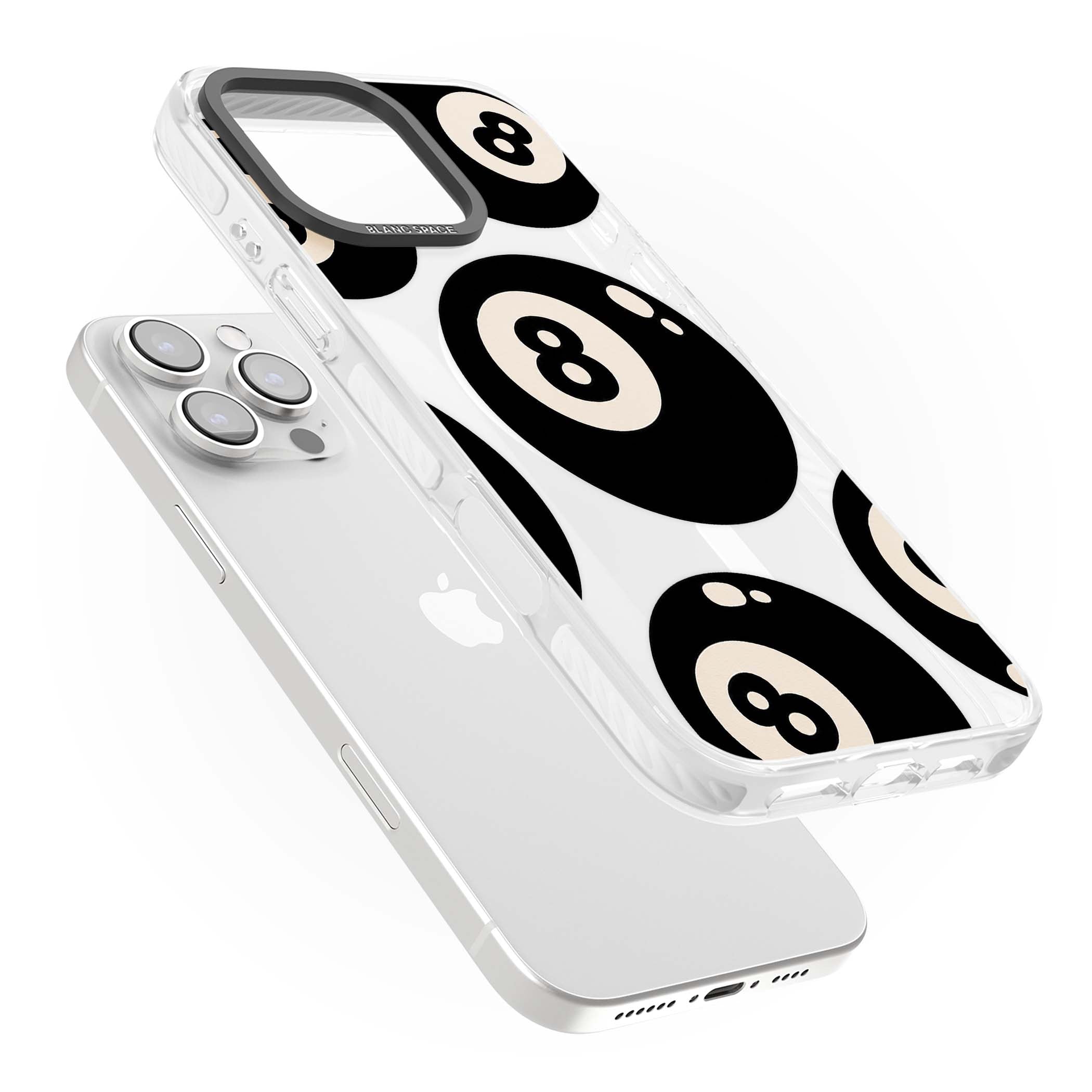 Eights y2k iPhone case featuring scattered black 8 balls with cream highlights on a clear background | Impact Magsafe case for iPhone 16 Pro, iPhone 16 Pro Max