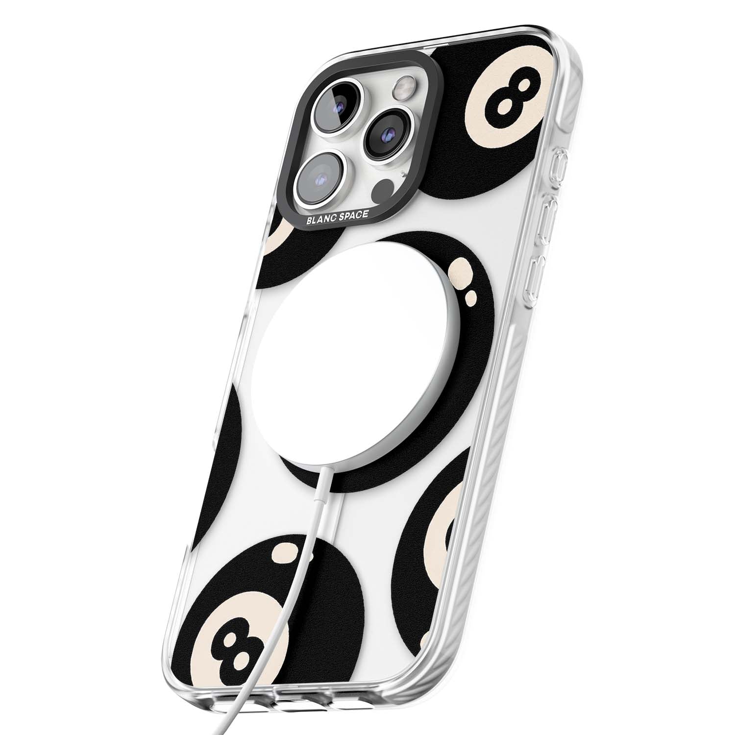 Eights y2k iPhone case featuring scattered black 8 balls with cream highlights on a clear background | Impact Magsafe case for iPhone 16 Pro, iPhone 16 Pro Max