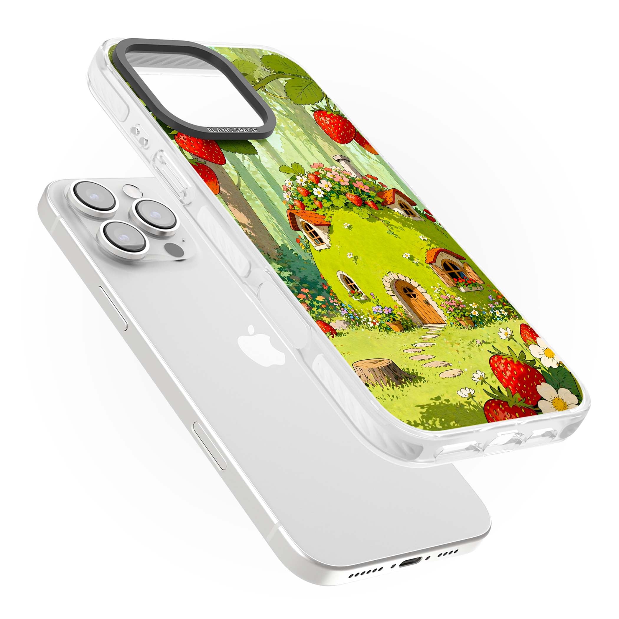 Strawberry Cottage cottagecore iPhone case featuring a green fairy house, wild strawberries and enchanted forest flowers | Impact Magsafe case for iPhone 16 Pro, iPhone 16 Pro Max
