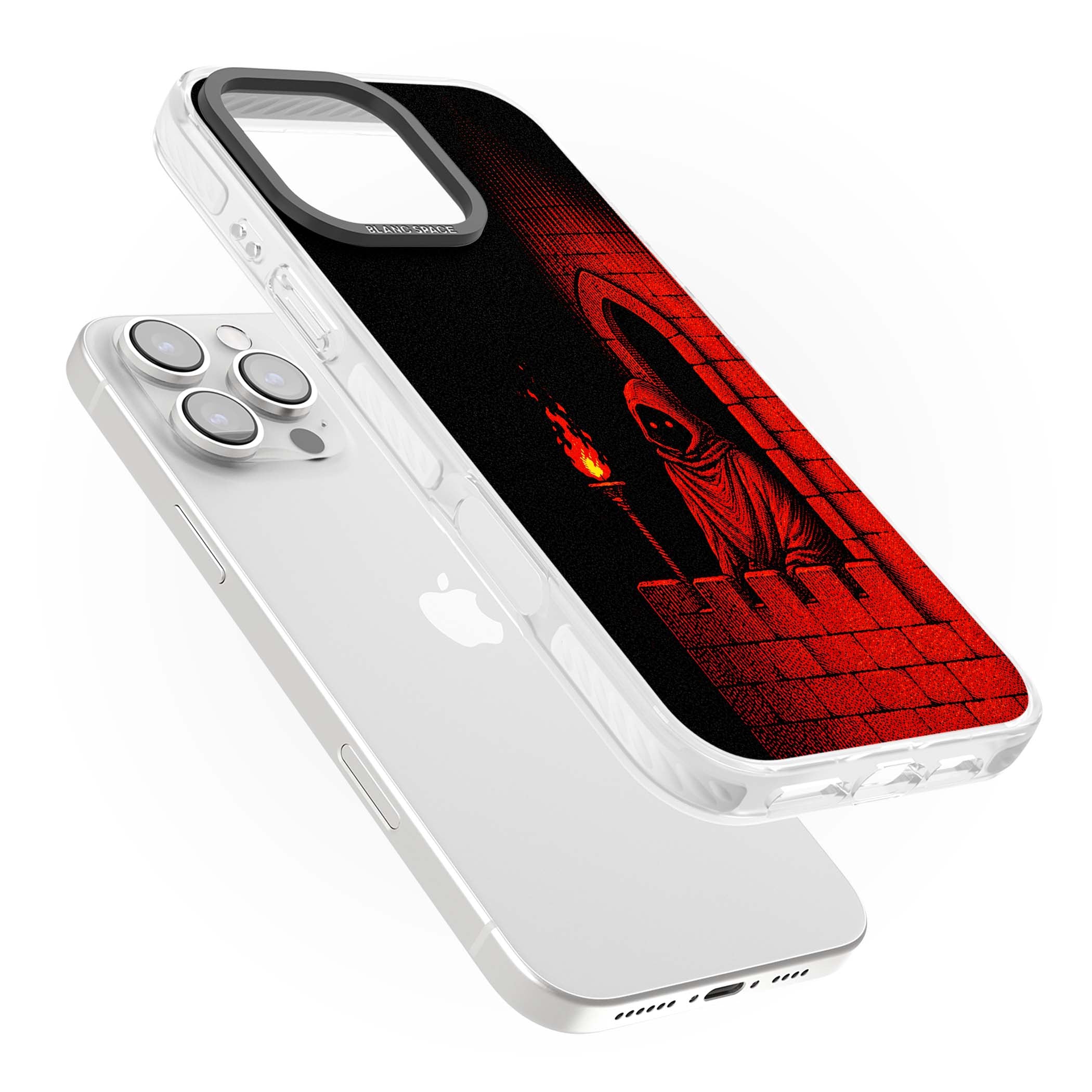 Crimson Crypt gothic iPhone case featuring a hooded reaper, torchlit crypt archway and red halftone horror art | Impact Magsafe case for iPhone 16 Pro, iPhone 16 Pro Max
