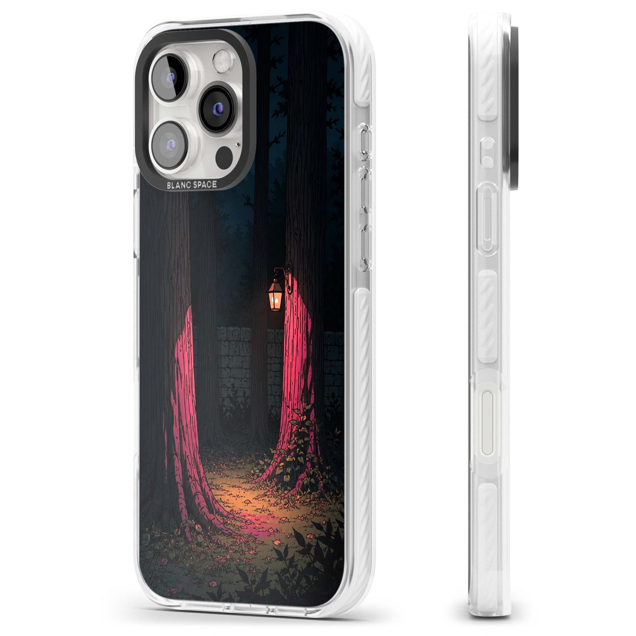 Forest Lantern dark academia iPhone case featuring a moonlit forest, glowing lantern, and stone wall pathway | Impact Magsafe case for iPhone 16 Pro, iPhone 16 Pro Max