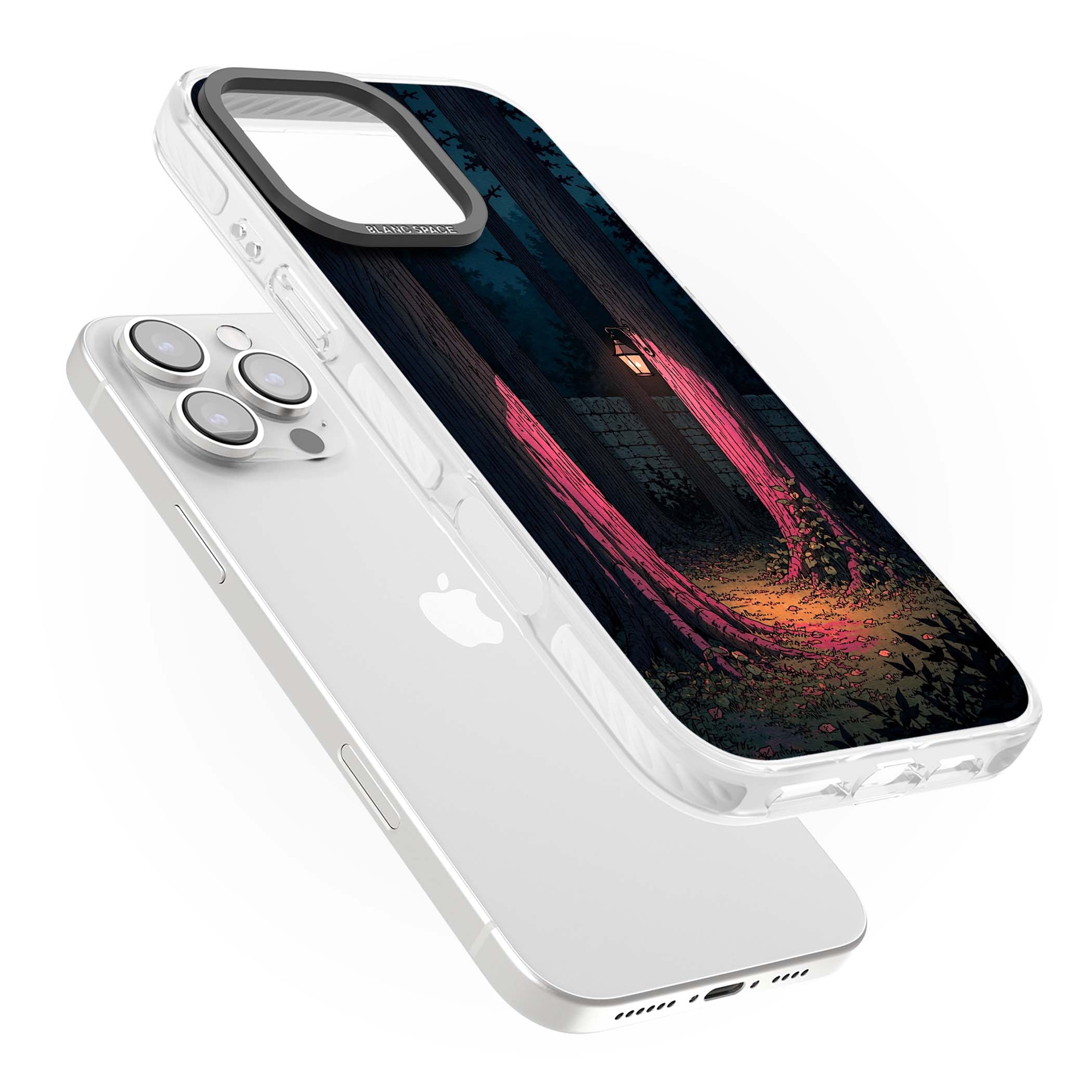 Forest Lantern dark academia iPhone case featuring a moonlit forest, glowing lantern, and stone wall pathway | Impact Magsafe case for iPhone 16 Pro, iPhone 16 Pro Max