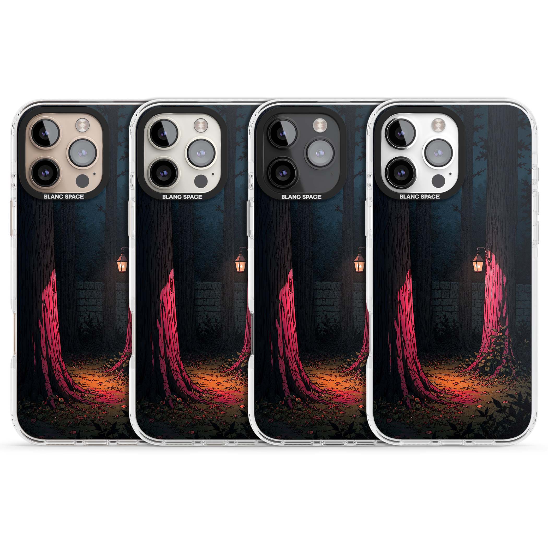 Forest Lantern dark academia iPhone case featuring a moonlit forest, glowing lantern, and stone wall pathway | Impact Magsafe case for iPhone 16 Pro, iPhone 16 Pro Max