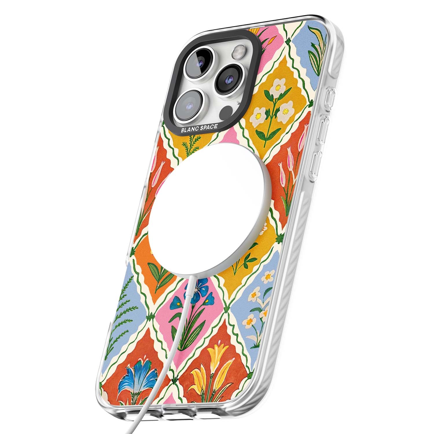 Floral Quilt boho floral iPhone case featuring diamond lattice pattern, hand-painted tulips and folk art wildflowers | Impact Magsafe case for iPhone 16 Pro, iPhone 16 Pro Max