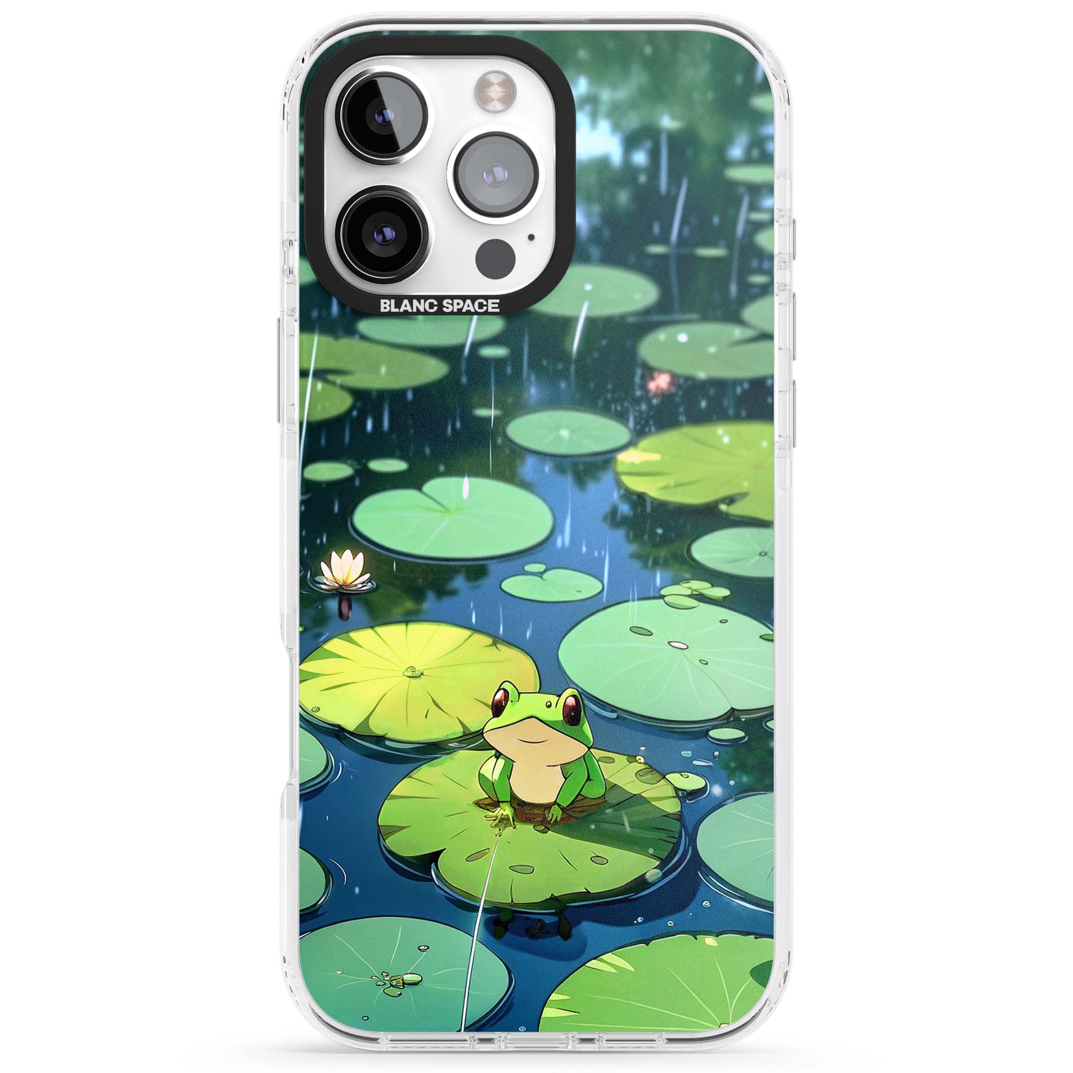 Frog In Lily Pond cottagecore iPhone case featuring a cute green frog on a lily pad with falling rain and a lotus flower | Impact Magsafe case for iPhone 16 Pro, iPhone 16 Pro Max