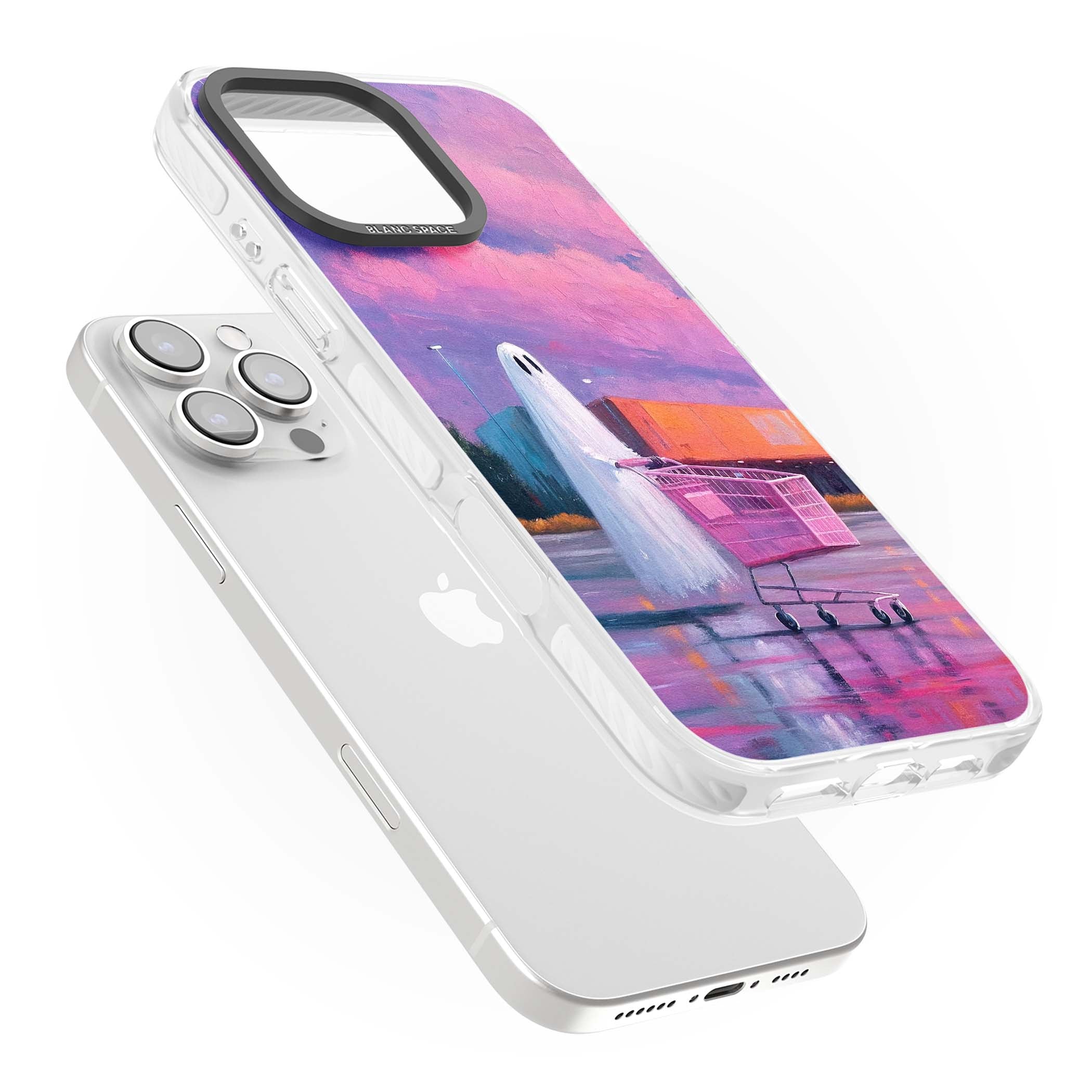 A Ghost's Errand ghost halloween iPhone case featuring a painted ghost, pink shopping trolley and purple sunset sky | Impact Magsafe case for iPhone 16 Pro, iPhone 16 Pro Max