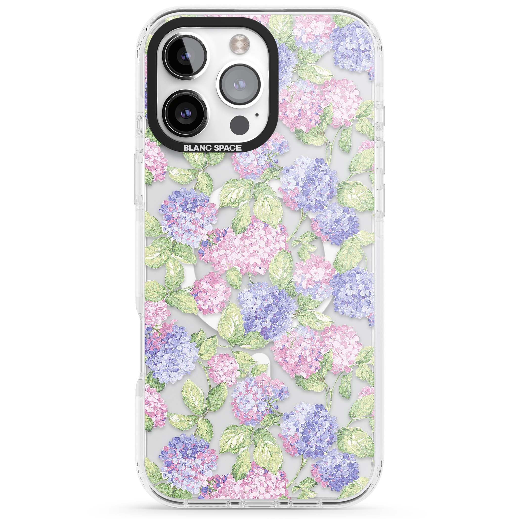 Cottage Hydrangea cottagecore iPhone case featuring pink and purple hydrangea blooms with green leaves on a clear background | Impact Magsafe case for iPhone 16 Pro, iPhone 16 Pro Max
