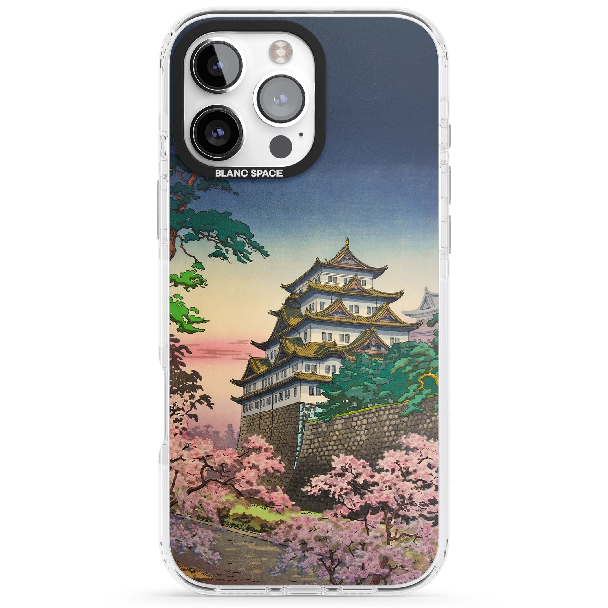 Nagoya Castle Japanese iPhone case featuring a vintage pagoda, twilight sky and cherry blossom trees | Impact Magsafe case for iPhone 16 Pro, iPhone 16 Pro Max