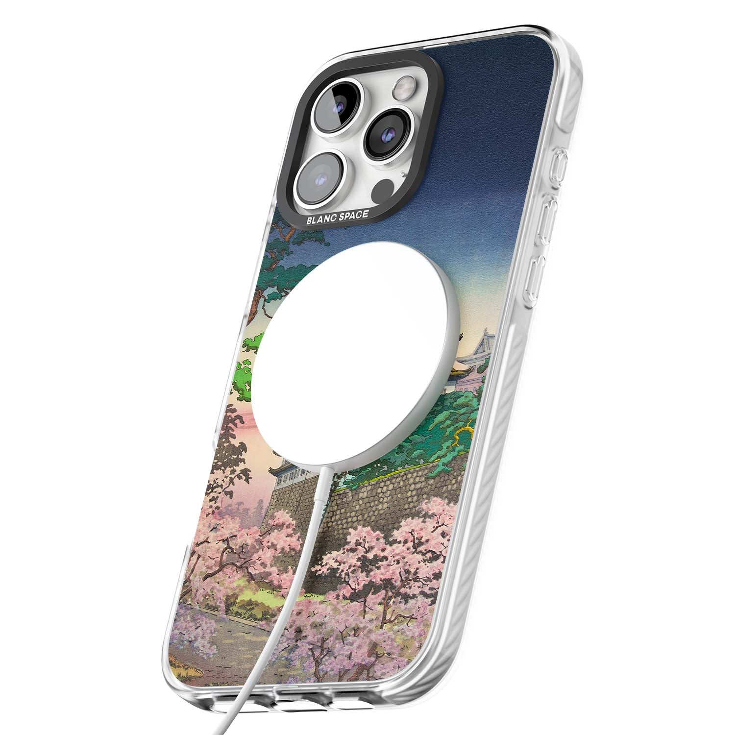 Nagoya Castle Japanese iPhone case featuring a vintage pagoda, twilight sky and cherry blossom trees | Impact Magsafe case for iPhone 16 Pro, iPhone 16 Pro Max