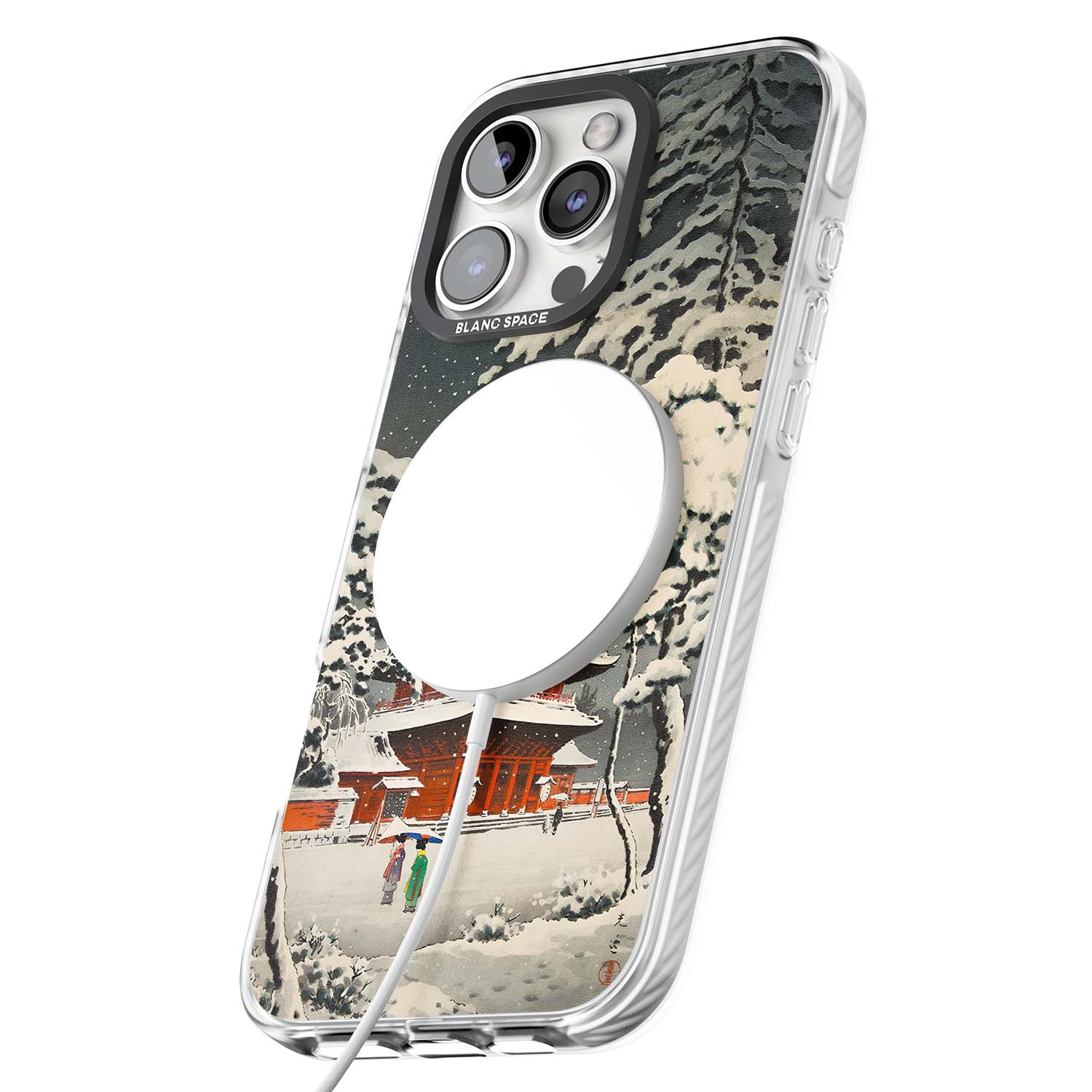 Snow at Shiha Park, Tokyo Japanese art iPhone case featuring a vintage ukiyo-e snowy temple, red pagoda, and snow-covered pin | Impact Magsafe case for iPhone 16 Pro, iPhone 16 Pro Max