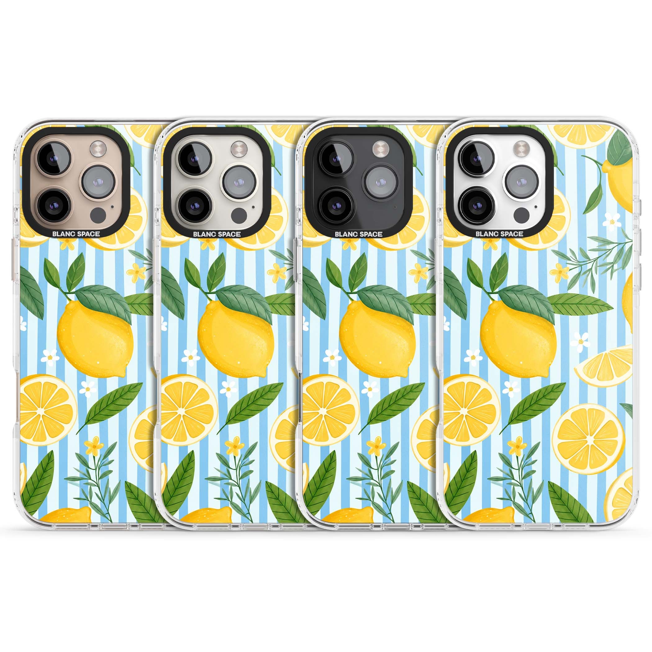 Capri Citrus Stripe coastal iPhone case featuring yellow lemons, blue stripes, and white daisy blossoms | Impact Magsafe case for iPhone 16 Pro, iPhone 16 Pro Max
