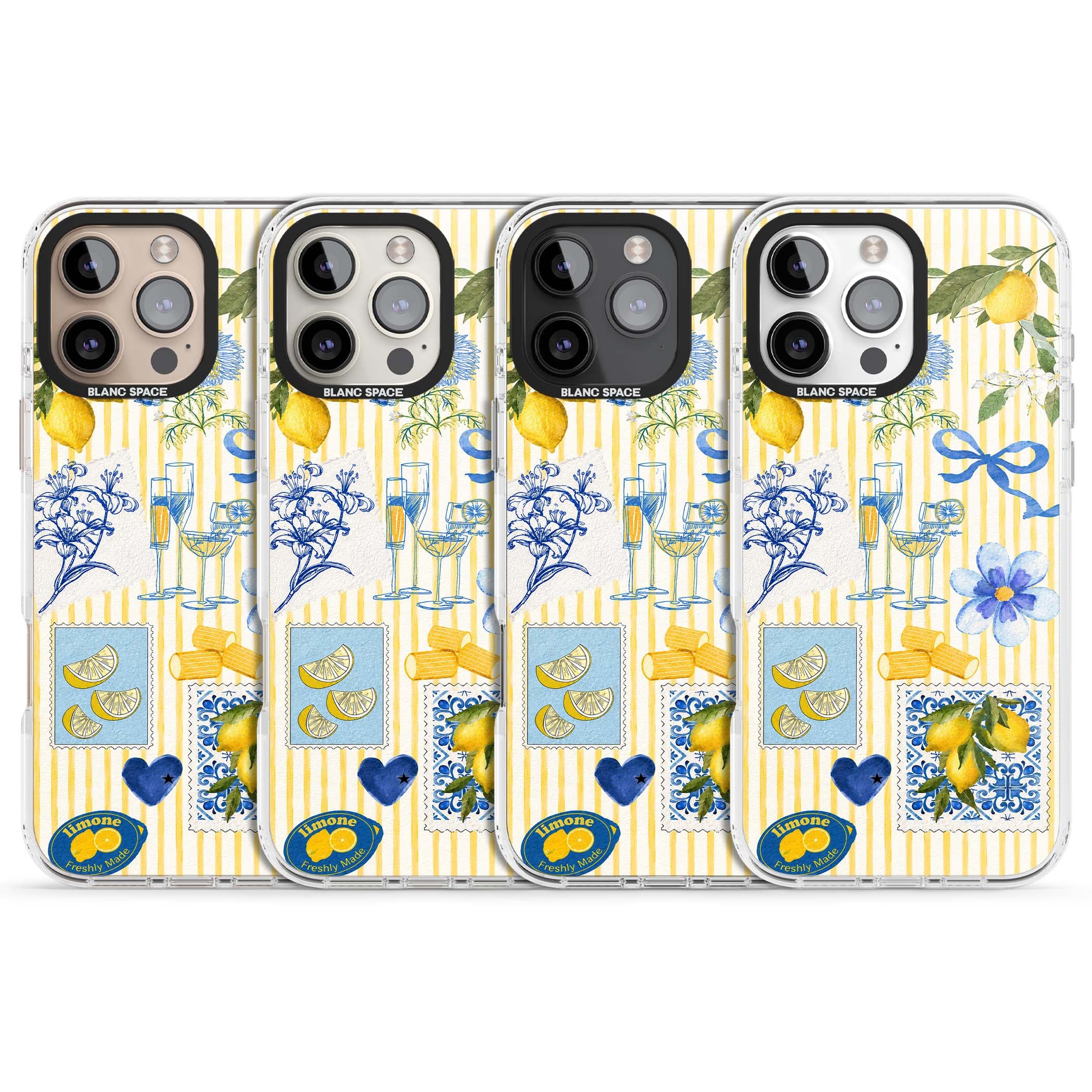 Limone Riviera Italian summer iPhone case featuring watercolour lemons, blue ribbon bows and majolica tile stamps on... | Impact Magsafe case for iPhone 16 Pro, iPhone 16 Pro Max