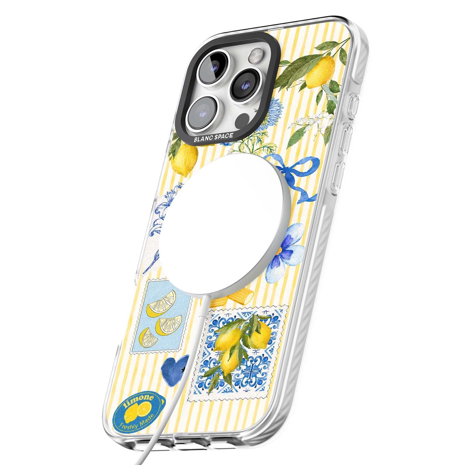 Limone Riviera Italian summer iPhone case featuring watercolour lemons, blue ribbon bows and majolica tile stamps on... | Impact Magsafe case for iPhone 16 Pro, iPhone 16 Pro Max