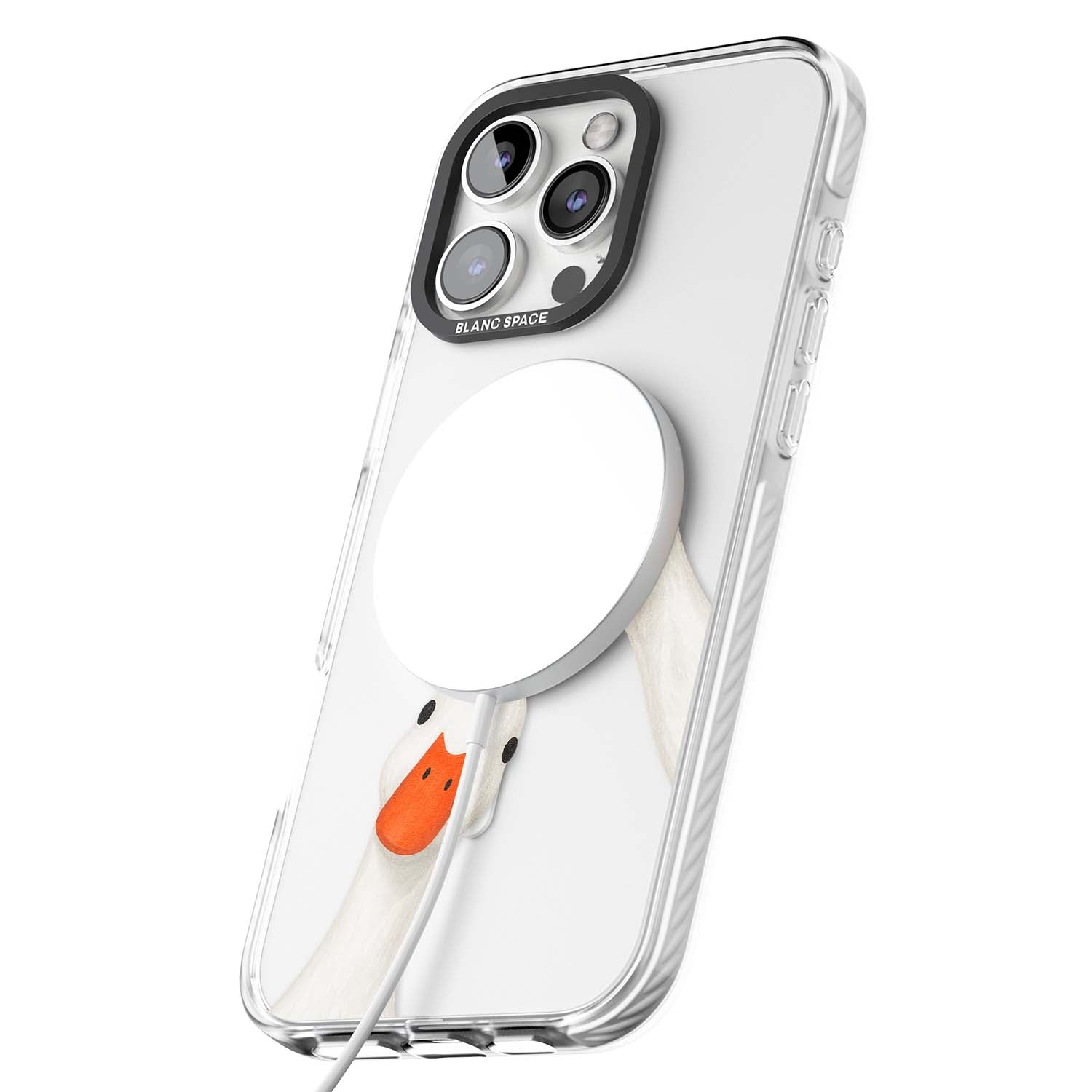 Nosy Ducks cottagecore iPhone case featuring two peeking white ducks with orange beaks on a clear background | Impact Magsafe case for iPhone 16 Pro, iPhone 16 Pro Max