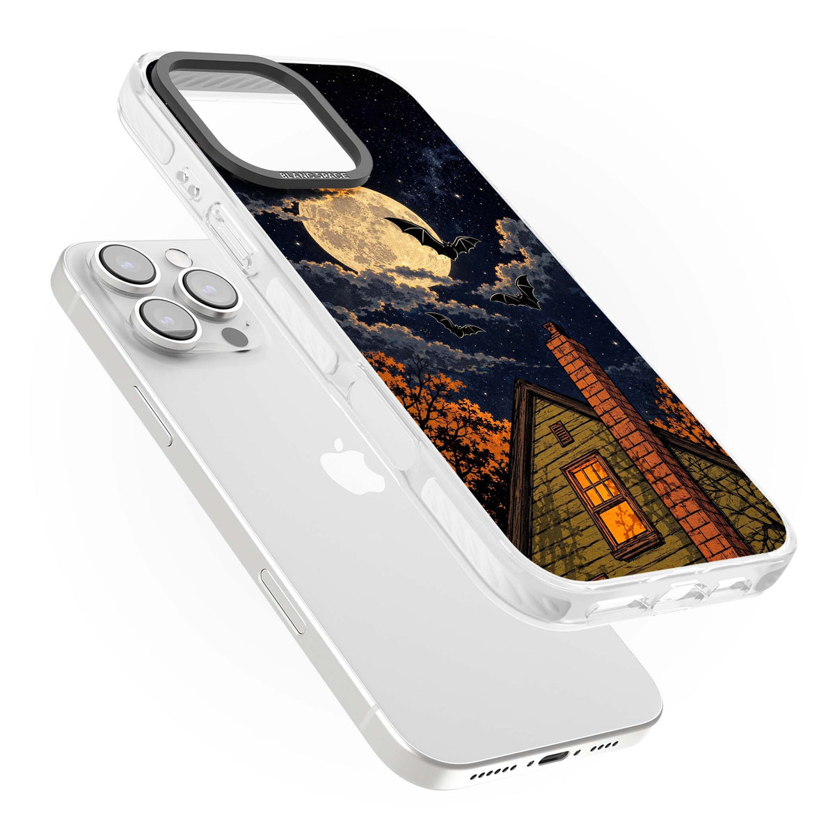 Hollows Eve Halloween iPhone case featuring a haunted house, full moon and flying bats against a starry autumn sky | Impact Magsafe case for iPhone 16 Pro, iPhone 16 Pro Max