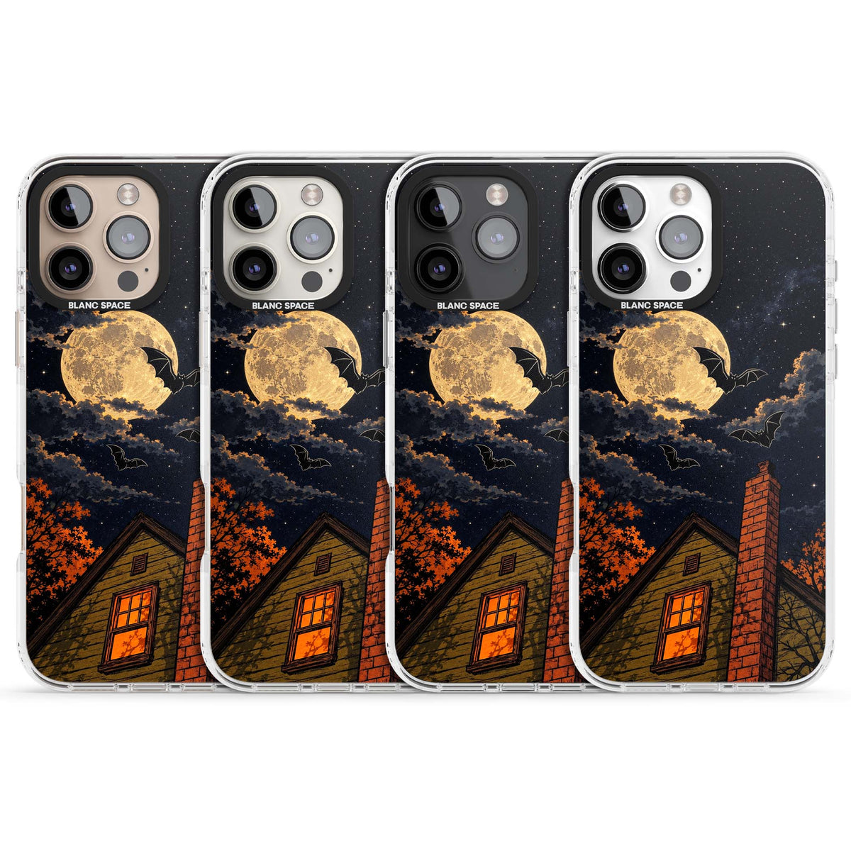 Hollows Eve Halloween iPhone case featuring a haunted house, full moon and flying bats against a starry autumn sky | Impact Magsafe case for iPhone 16 Pro, iPhone 16 Pro Max