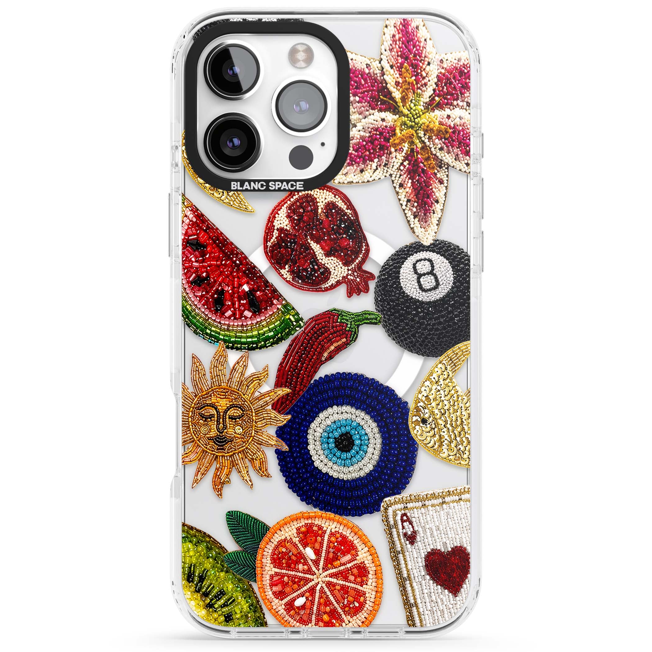 Beaded Charms embroidery iPhone case featuring beaded evil eye, fruit patches and a golden sun motif | Impact Magsafe case for iPhone 16 Pro, iPhone 16 Pro Max